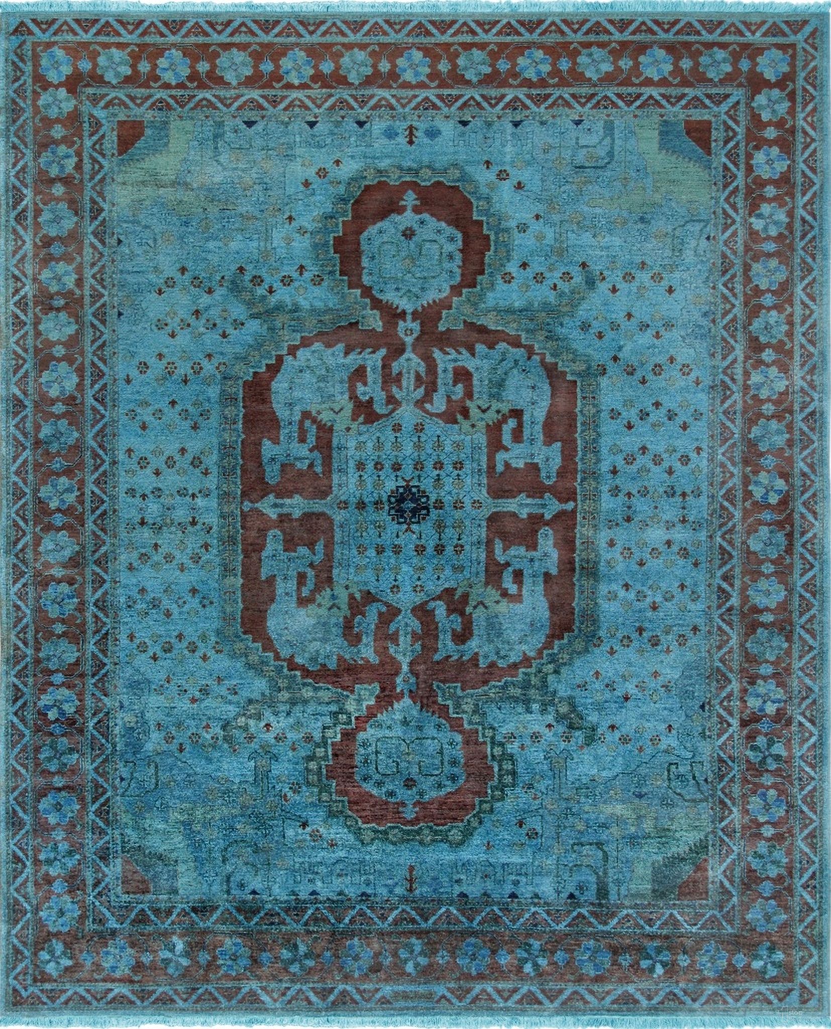 Lahore Collection Hand-Knotted Lamb's Wool Area Rug- 8' 3" x 10' In Blue and Rust