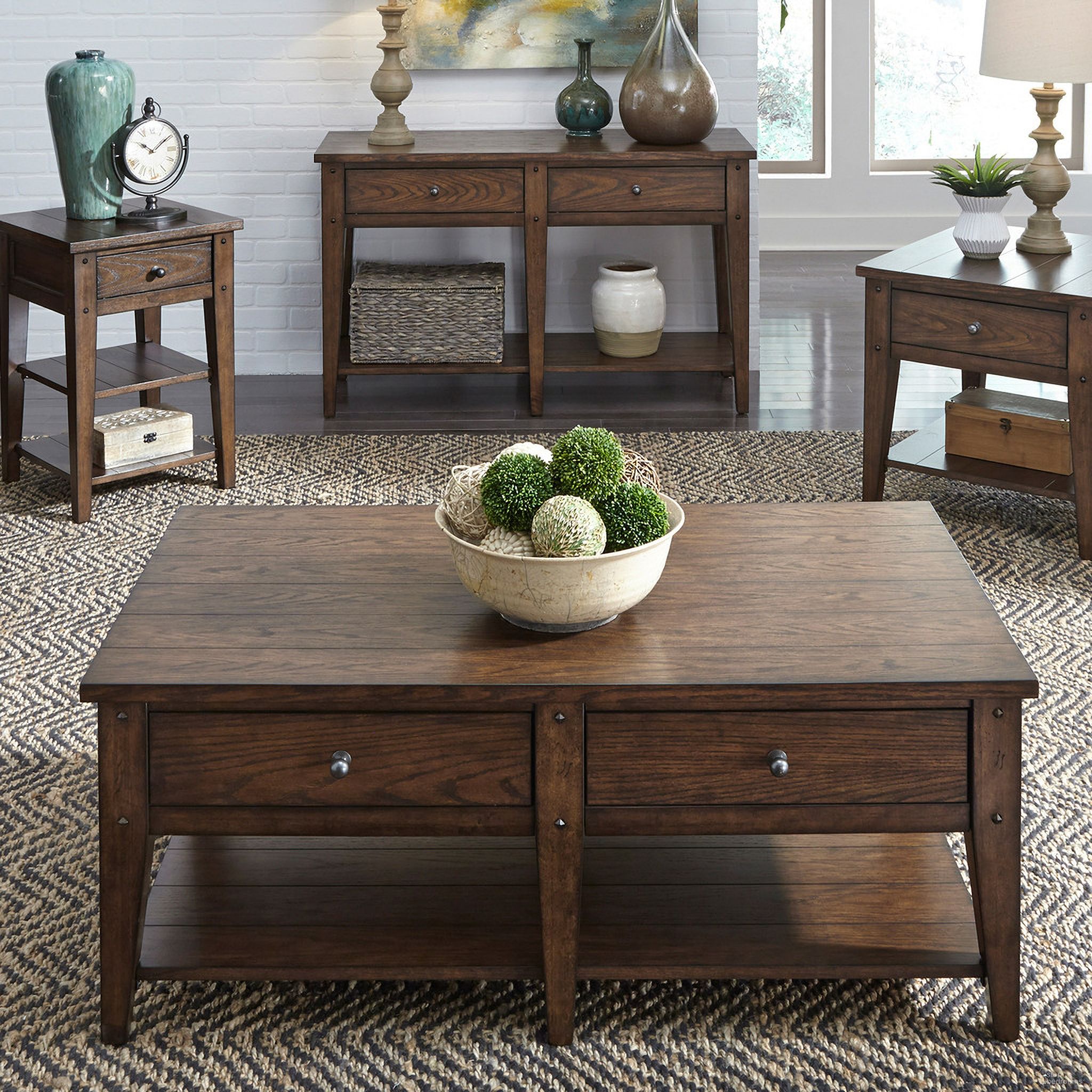 The appearance of Lake House Brown Occasional Table Set designed by Liberty in the traditional interior design. This rustic brown piece of furniture  was selected by 1StopBedrooms from Lake House Collection to add a touch of cosiness and style into your home. Sku: 210-OT1015;210-OT1022. Material: Wood.
