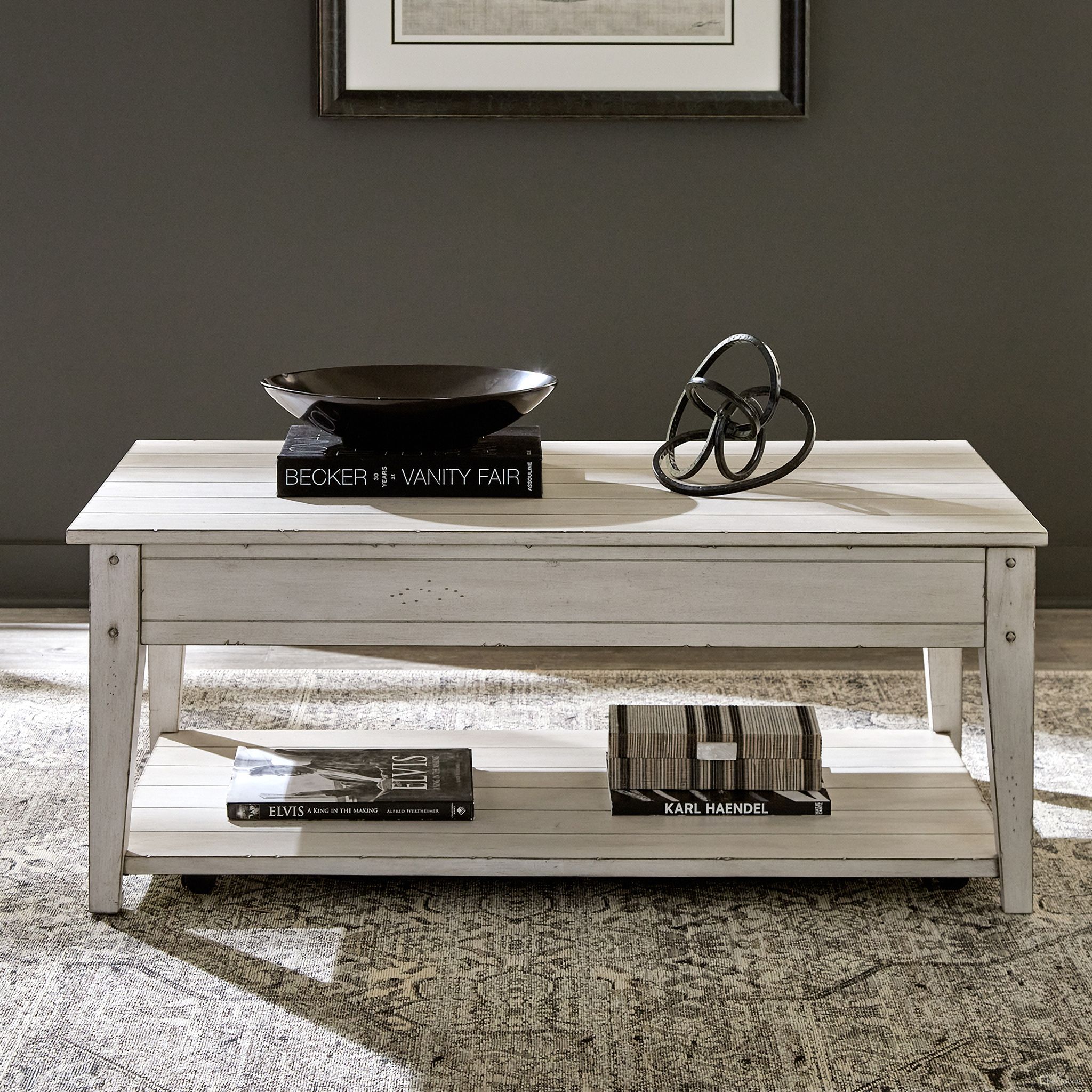 The appearance of Lake House Lift Top Cocktail Table In Weathered White designed by Liberty in the rustic / southwestern interior design. This weathered white piece of furniture  was selected by 1StopBedrooms from Lake House Collection to add a touch of cosiness and style into your home. Sku: 110W-OT1015. Material: Poplar Solid.
