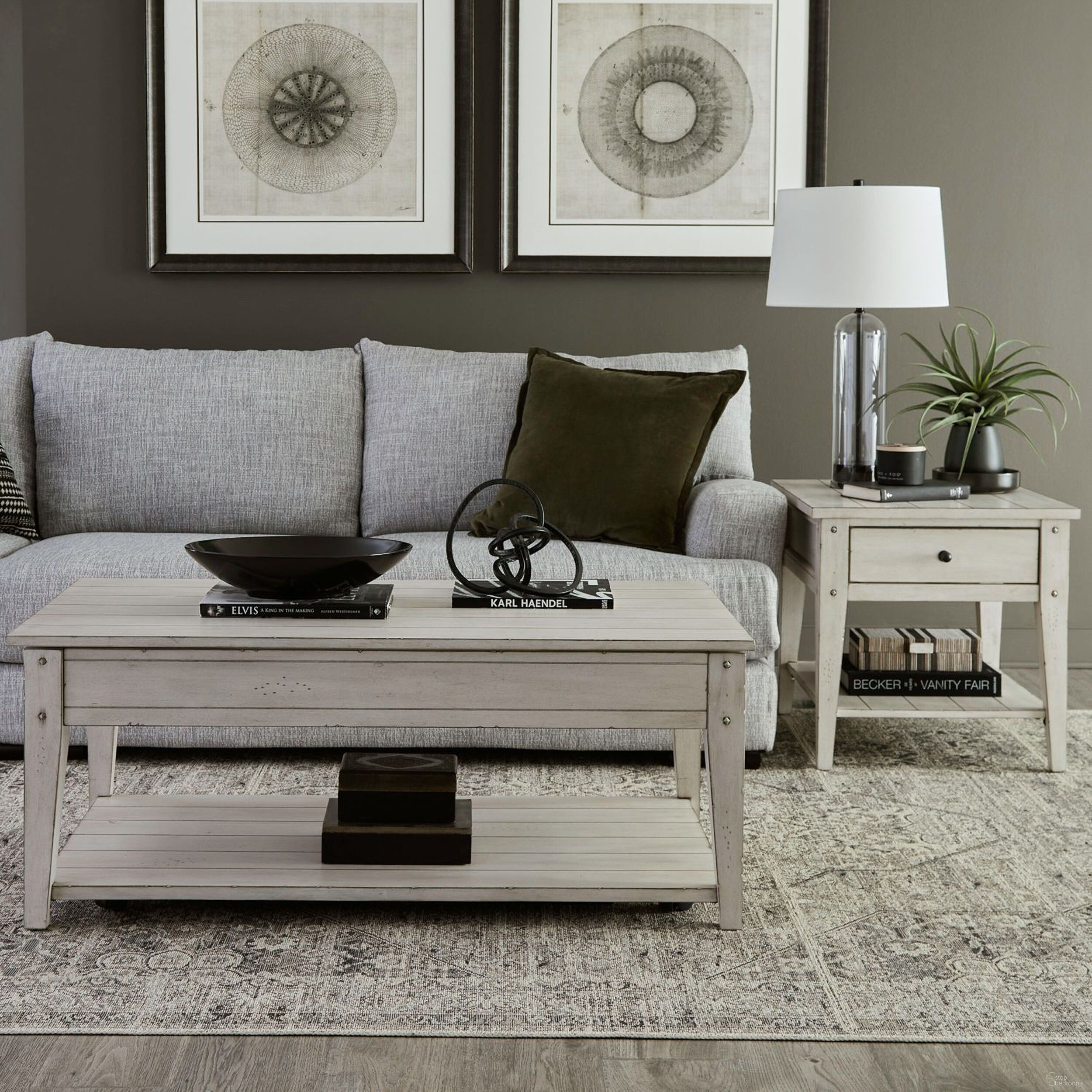 The appearance of Lake House Lift Top Occasional Table Set In Weathered White designed by Liberty in the rustic / southwestern interior design. This weathered white piece of furniture  was selected by 1StopBedrooms from Lake House Collection to add a touch of cosiness and style into your home. Sku: 110W-OT1015;110W-OT1020. Material: Oak Veneer.