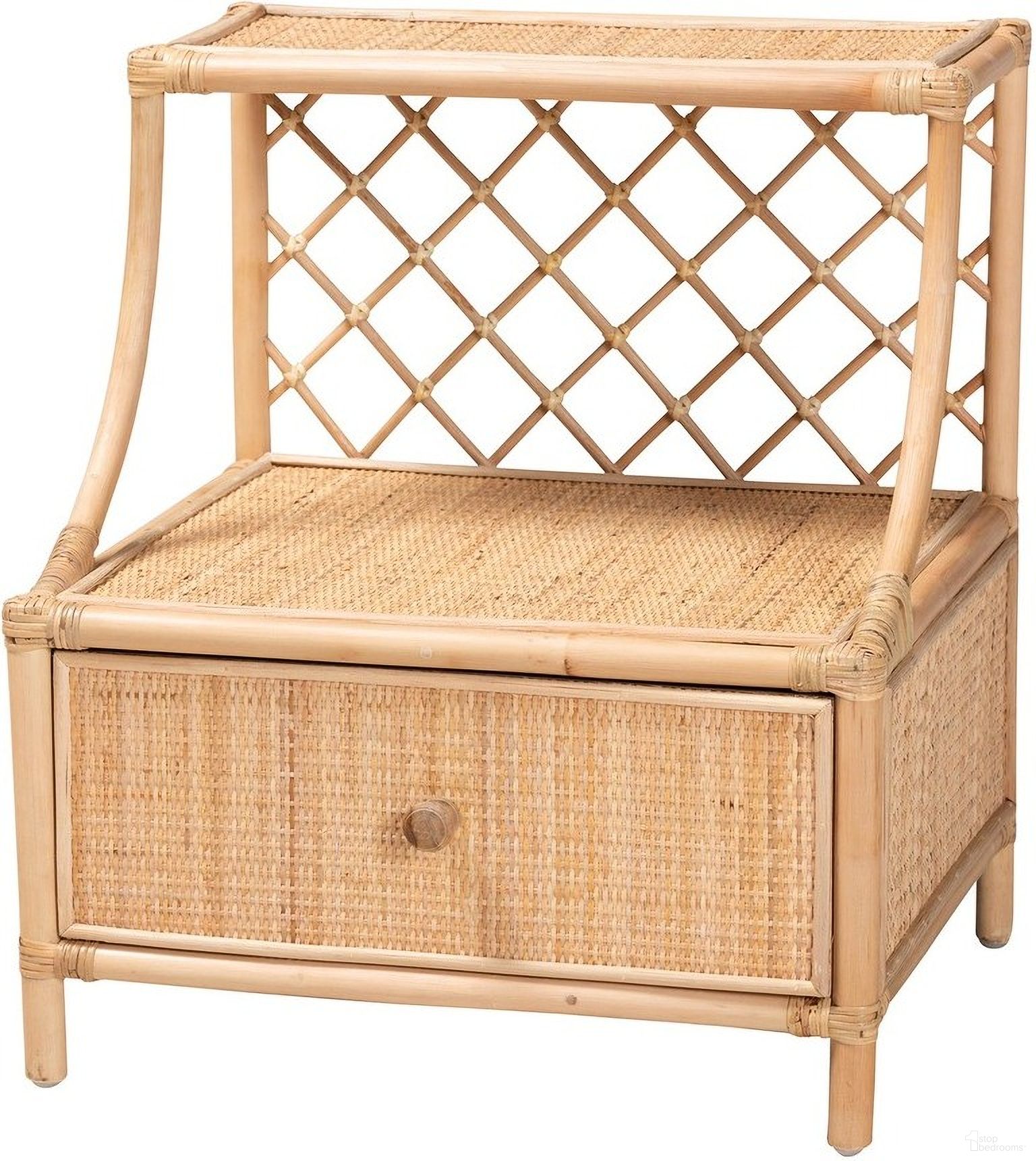 The appearance of Lalo Rattan 1 Drawer Nightstand In Natural Brown designed by Baxton Studio in the bohemian interior design. This natural brown piece of furniture was selected by 1StopBedrooms from Lalo Collection to add a touch of cosiness and style into your home. Sku: WS018-Rattan-NS. Material: Natural Rattan.