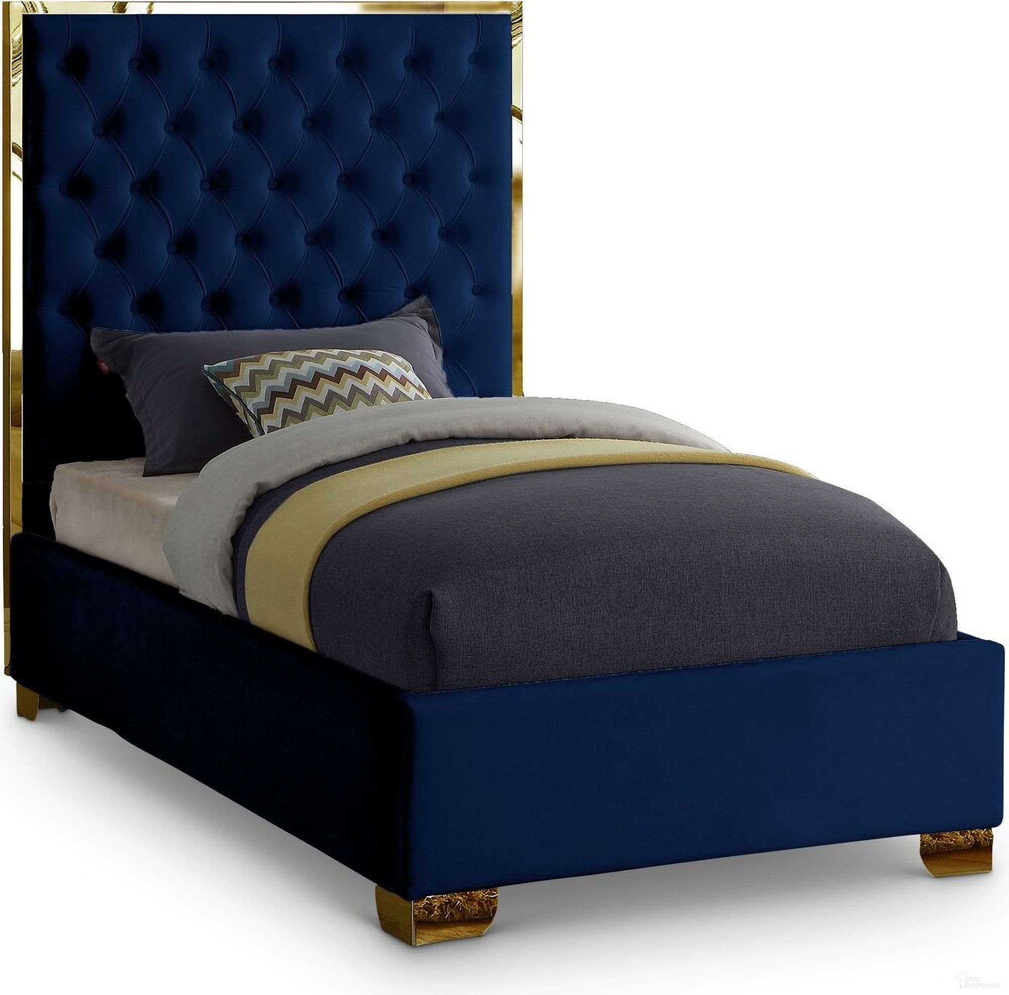 The appearance of Lana Velvet Twin Bed In Navy designed by Meridian in the modern / contemporary interior design. This navy piece of furniture was selected by 1StopBedrooms from Lana Collection to add a touch of cosiness and style into your home. Sku: LanaNavy-T Box 1/2 (HB/Slats);LanaNavy-T Box 2/2 (FB/Rails/Metal Bar/Hardware/Legs). Bed Type: Panel Bed. Bed Size: Twin. Material: Velvet.