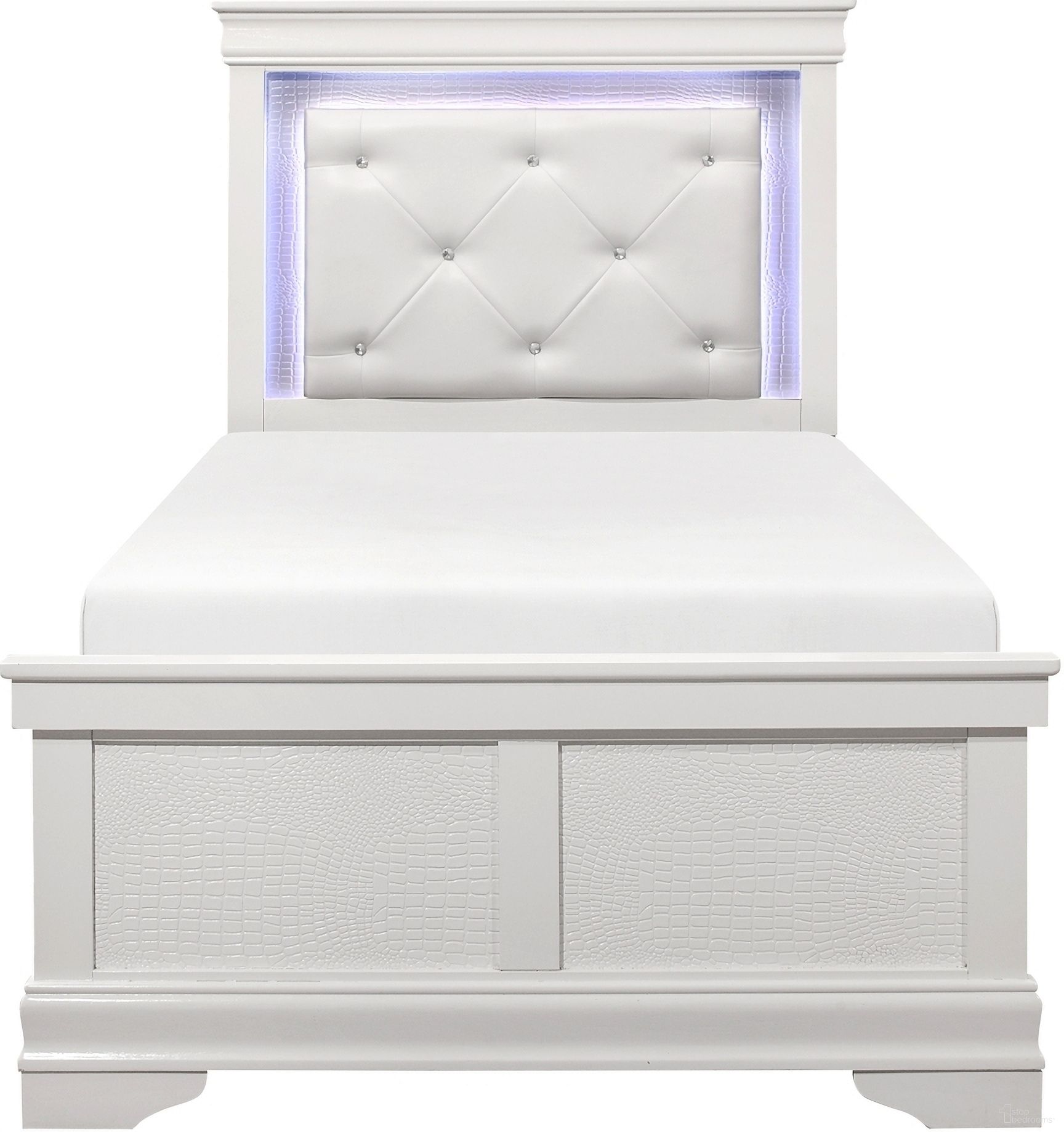 The appearance of Lana Twin Bed with LED Lighting In White designed by Homelegance in the glam interior design. This white piece of furniture  was selected by 1StopBedrooms from Lana Collection to add a touch of cosiness and style into your home. Sku: 1556WT-1;1556WF-3. Bed Type: Panel Bed. Material: Faux Leather. Bed Size: Twin.
