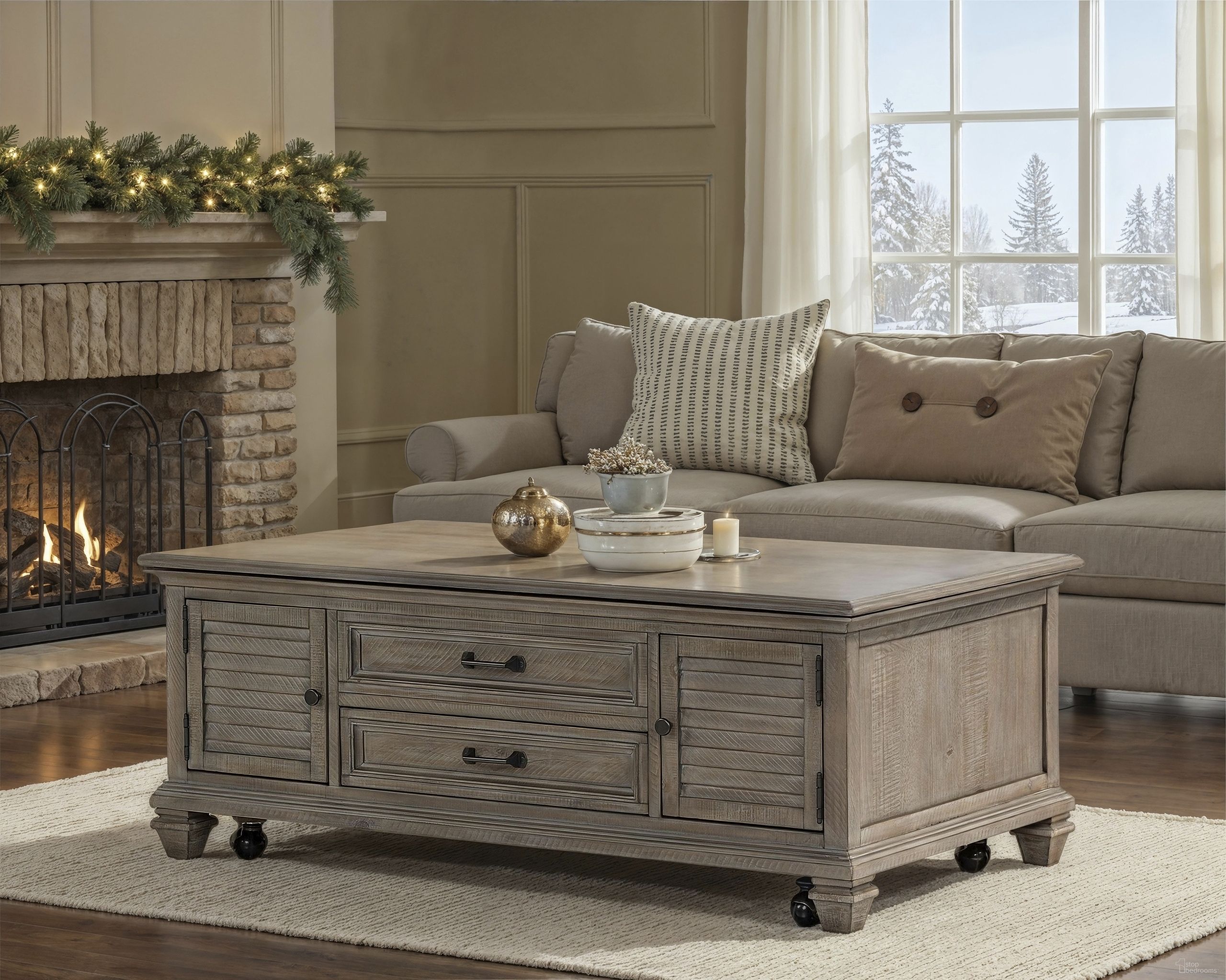 The appearance of Lancaster Dovetail Grey Lift Top Storage Cocktail Table with Casters designed by Magnussen in the transitional interior design. This brown piece of furniture was selected by 1StopBedrooms from Lancaster Collection to add a touch of cosiness and style into your home. Sku: T4352-50. Material: Pine.