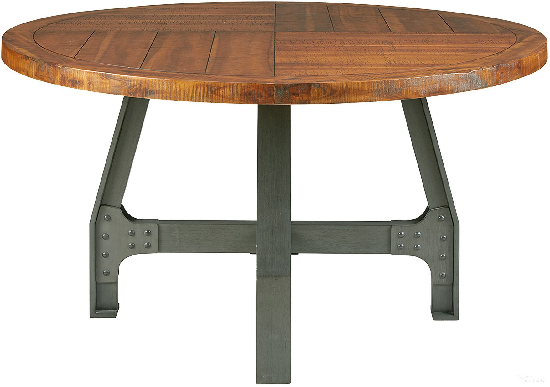 The appearance of Lancaster Round Dining Or Gathering Table In Amber/Graphite designed by Olliix in the industrial interior design. This amber/graphite piece of furniture  was selected by 1StopBedrooms from Lancaster Collection to add a touch of cosiness and style into your home. Sku: II121-0036. Table Base Style: Legs. Table Top Shape: Round. Material: MDF. Size: 54".