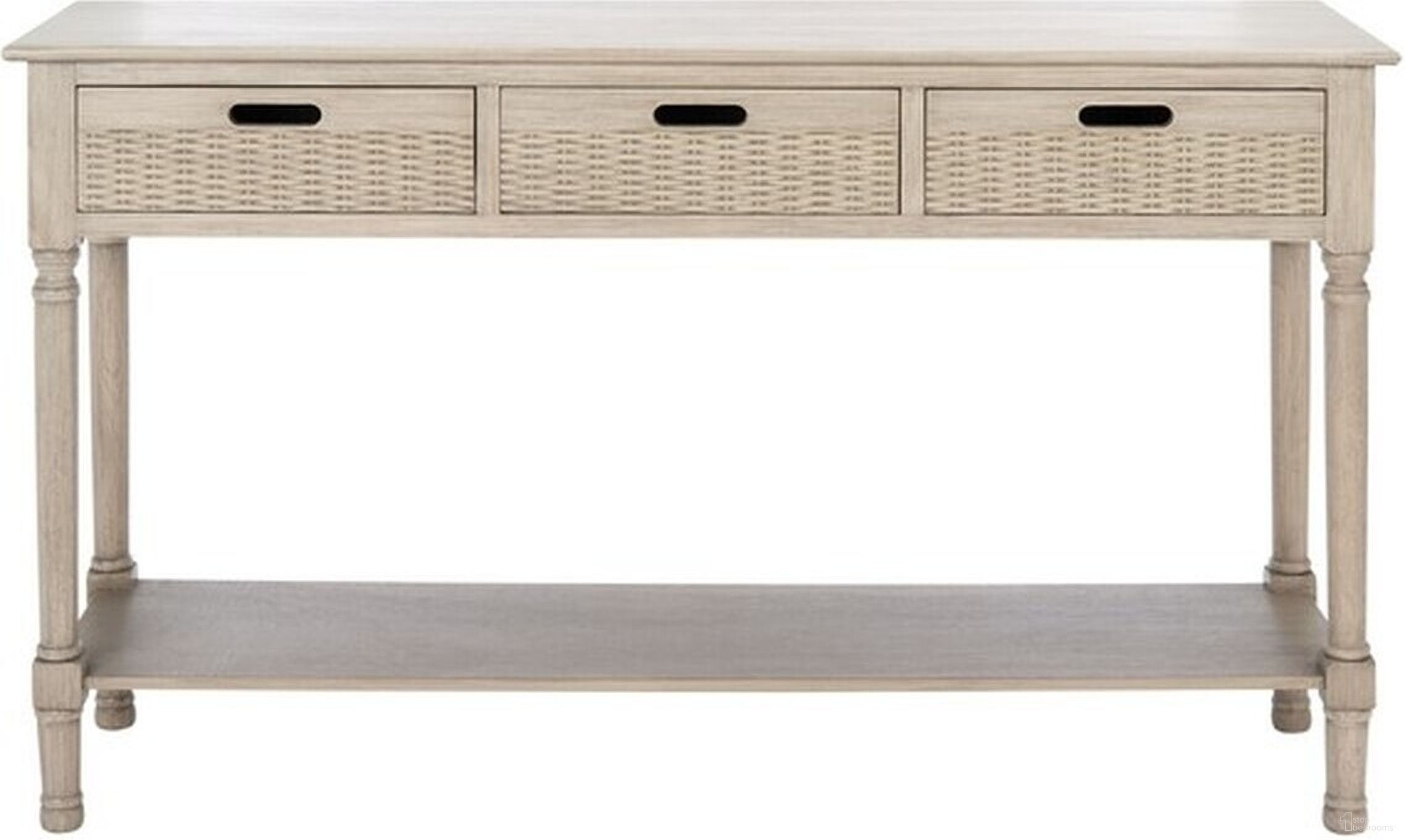 The appearance of Landers 3 Drawer Console in Greige designed by Safavieh in the modern / contemporary interior design. This greige piece of furniture  was selected by 1StopBedrooms from Landers Collection to add a touch of cosiness and style into your home. Sku: CNS5711D. Material: Wood.