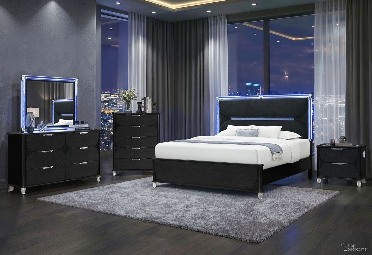 The appearance of Lando Upholstered Bedroom Set with Continuous LED In Black designed by Global Furniture USA in the modern / contemporary interior design. This black piece of furniture was selected by 1StopBedrooms from Lando Collection to add a touch of cosiness and style into your home. Sku: LANDO-BLACK-QB/KB-SR;LANDO-BLACK-QB-HB W/LED;LANDO-BLACK-QB-FB W/SLATS;LANDO-BLACK-NS W/SPKR & WC. Material: Fabric. Bed Size: King.