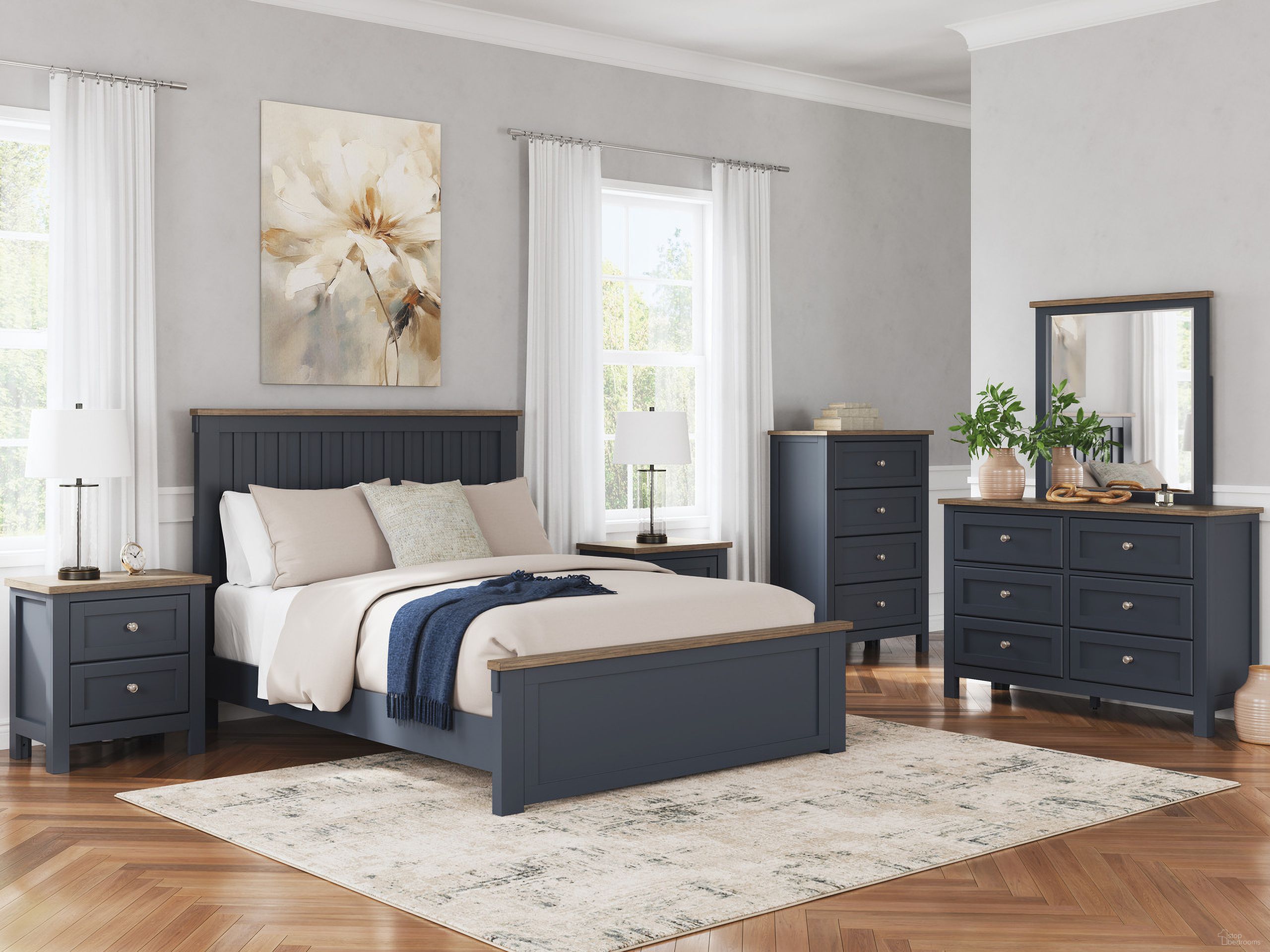 The appearance of Landocken Bedroom Set In Brown and Blue designed by Signature Design by Ashley in the transitional interior design. This brown and blue piece of furniture  was selected by 1StopBedrooms from Landocken Collection to add a touch of cosiness and style into your home. Sku: B414-54;B414-57;B414-96;B414-92. Bed Type: Panel Bed. Material: Wood. Bed Size: Queen.