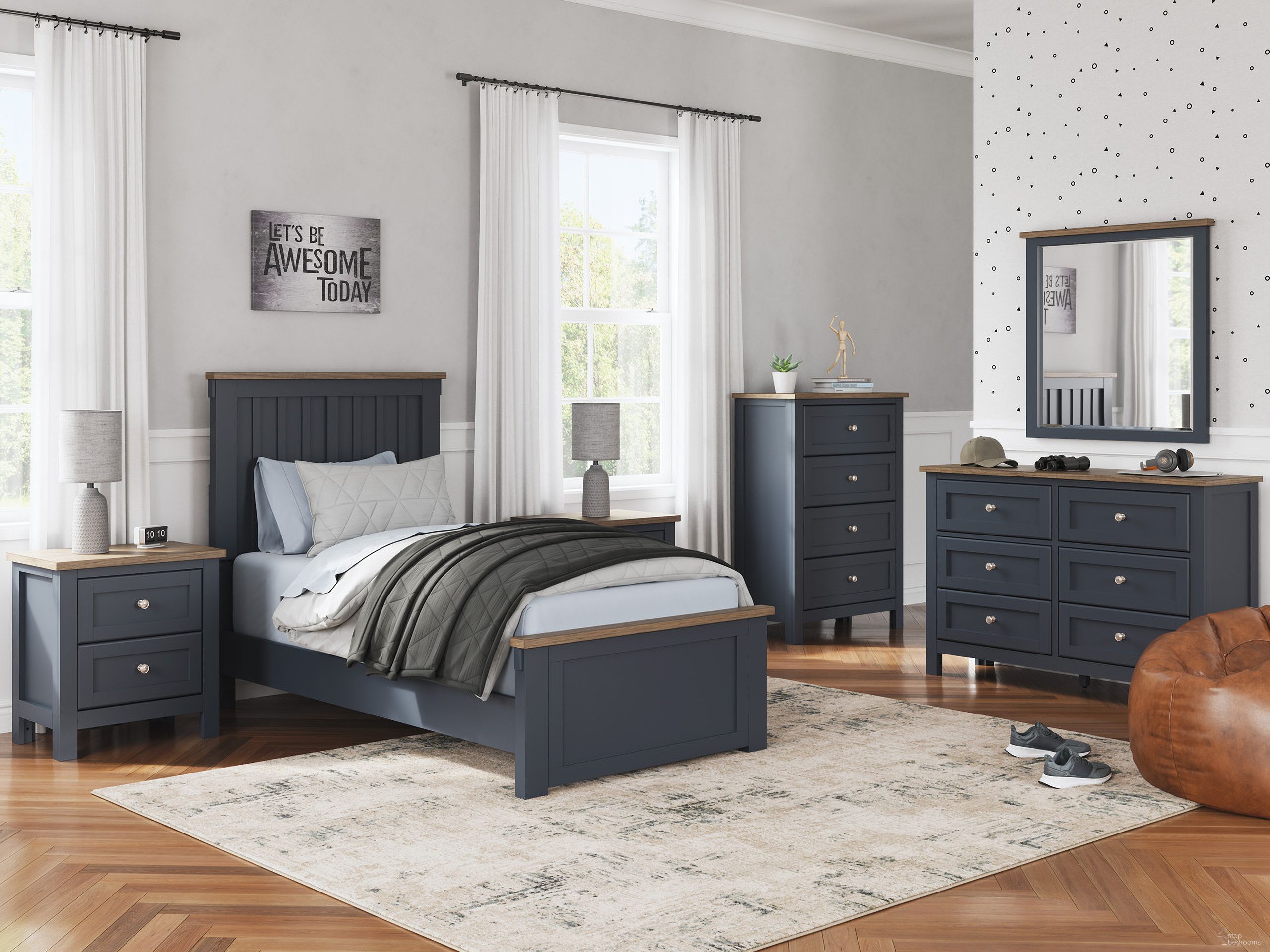 The appearance of Landocken Youth Bedroom Set In Brown and Blue designed by Signature Design by Ashley in the transitional interior design. This brown/blue piece of furniture was selected by 1StopBedrooms from Landocken Collection to add a touch of cosiness and style into your home. Sku: B414-52;B414-53;B414-86;B414-92. Bed Type: Panel Bed. Material: Wood. Bed Size: Twin.