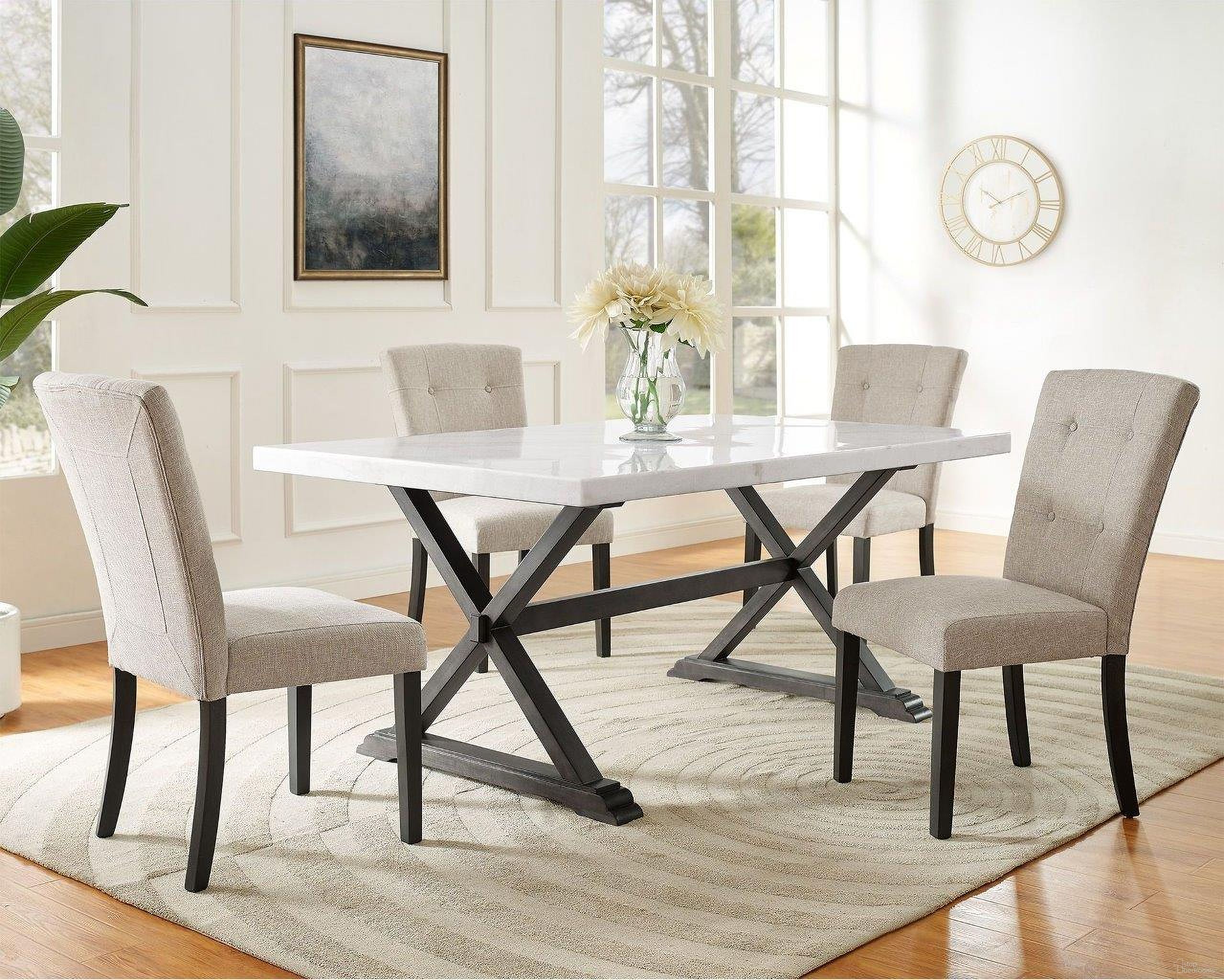 The appearance of Landon White Marble Dining Room Set designed by Picket House in the transitional interior design. This white piece of furniture was selected by 1StopBedrooms from Landon Collection to add a touch of cosiness and style into your home. Sku: CLX100DT;CLX100TFSC. Table Base Style: Trestle. Material: Marble. Table Top Shape: Rectangular. Size: 70".