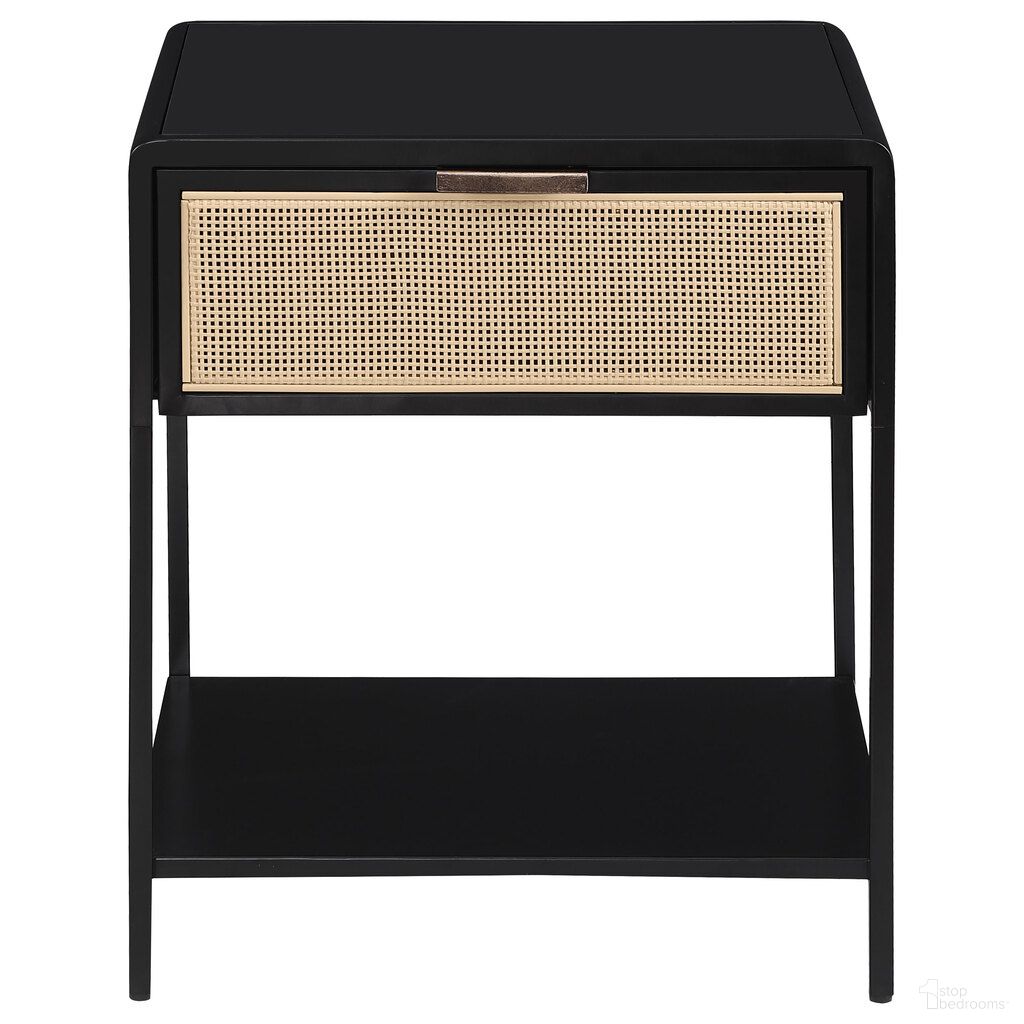 The appearance of Amherst 1-Drawer Radio Weave Cane Metal Bedside Table In Natural and Black designed by Coaster in the coastal interior design. This natural/black piece of furniture was selected by 1StopBedrooms from Amherst Collection to add a touch of cosiness and style into your home. Sku: 930235. Material: Particle Board.