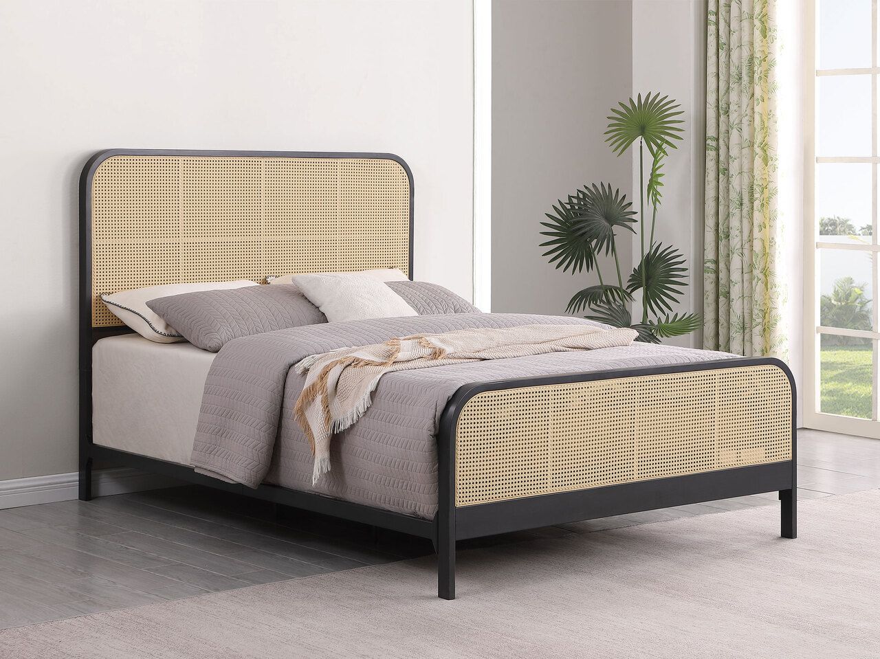 Lanewood Open Cane Webbing Metal Queen Bed In Natural and Black