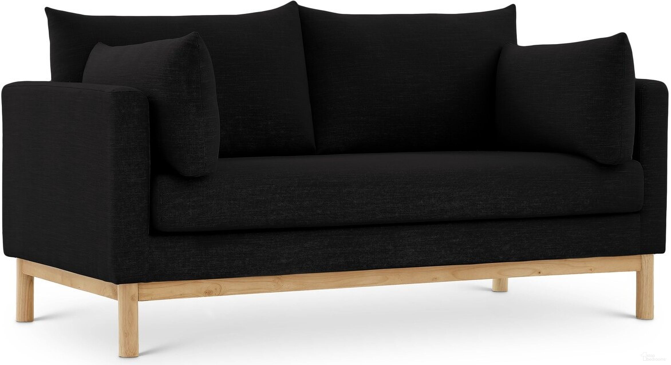 The appearance of Langham Linen Textured Fabric Loveseat In Black designed by Meridian in the transitional interior design. This black piece of furniture was selected by 1StopBedrooms from Langham Collection to add a touch of cosiness and style into your home. Sku: 157Black-L. Material: Wood.