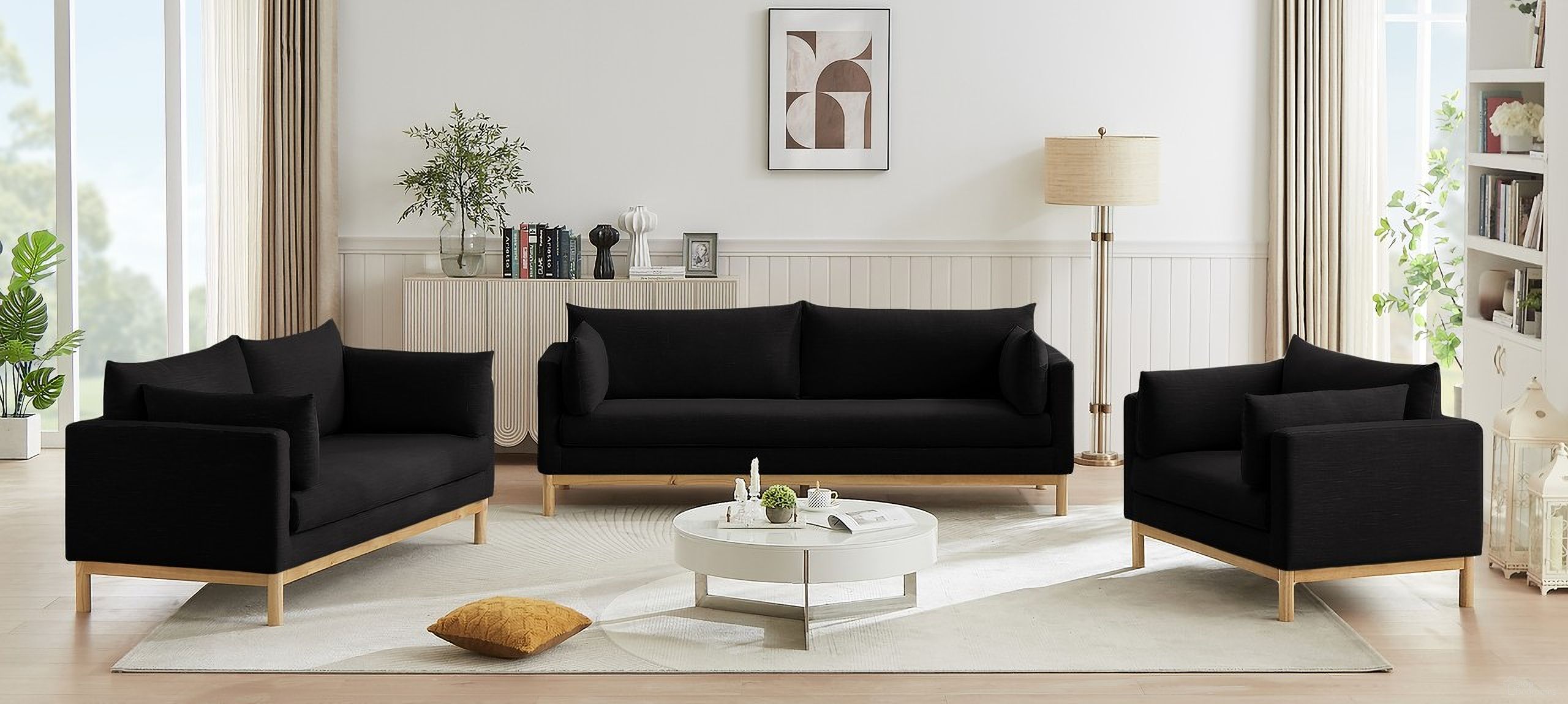 The appearance of Langham Living Room Set In Black designed by Meridian in the transitional interior design. This black piece of furniture was selected by 1StopBedrooms from Langham Collection to add a touch of cosiness and style into your home. Sku: 157Black-S;157Black-L. Material: Wood.