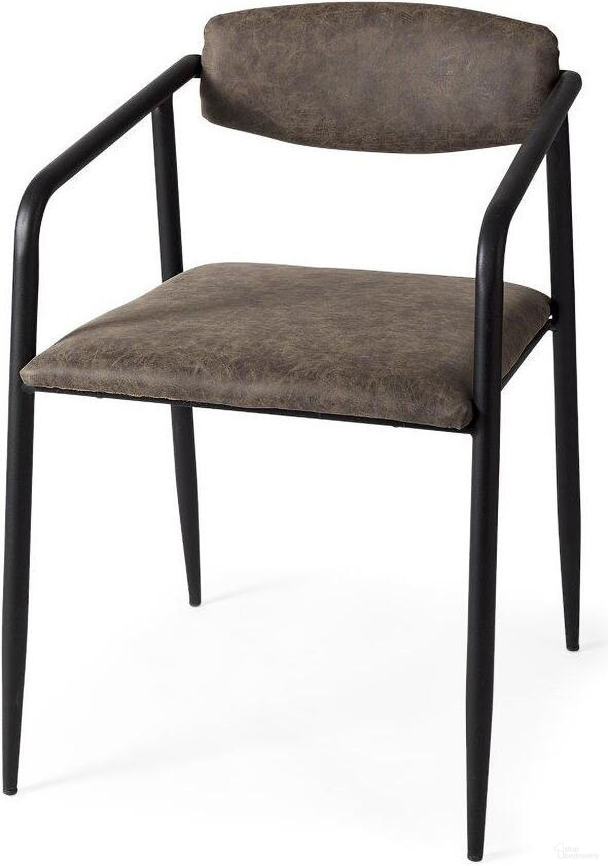 The appearance of Langston Brown Faux-Leather Seat Black Iron Frame Dining Chair designed by Mercana in the modern / contemporary interior design. This black and brown piece of furniture  was selected by 1StopBedrooms from Langston Collection to add a touch of cosiness and style into your home. Sku: 67617. Material: Metal. Chair Type: Arm Chair.