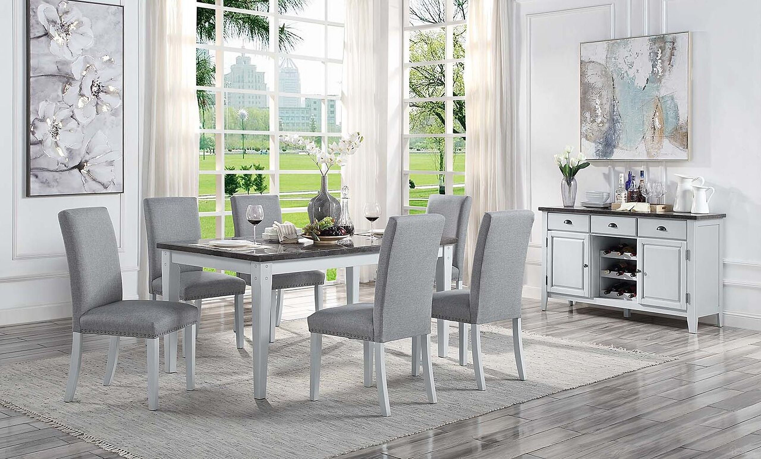 The appearance of Lanton Dining Set In Marble And Antique White designed by ACME in the transitional interior design. This antique white piece of furniture was selected by 1StopBedrooms from Lanton Collection to add a touch of cosiness and style into your home. Sku: DN01451;DN01452. Table Base Style: Legs. Material: Wood. Table Top Shape: Rectangular. Size: 64".