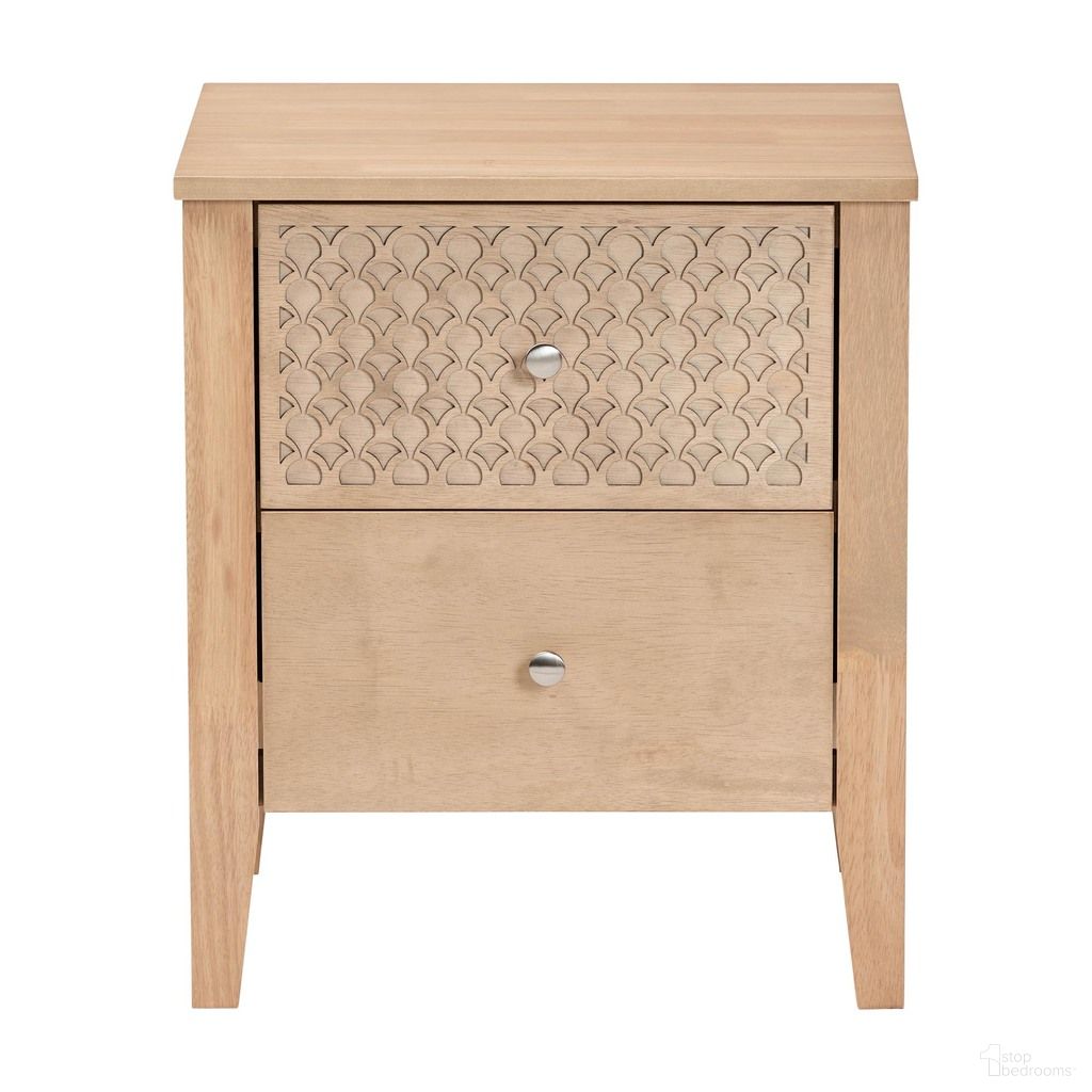 The appearance of Lara 2-Drawer Nightstand with Laser-Cut Geometric Overlay In Oak Brown designed by Baxton Studio in the modern / contemporary interior design. This oak brown piece of furniture was selected by 1StopBedrooms from Lara Collection to add a touch of cosiness and style into your home. Sku: Lara-Natural Wood-Nightstand. Material: Rubberwood.