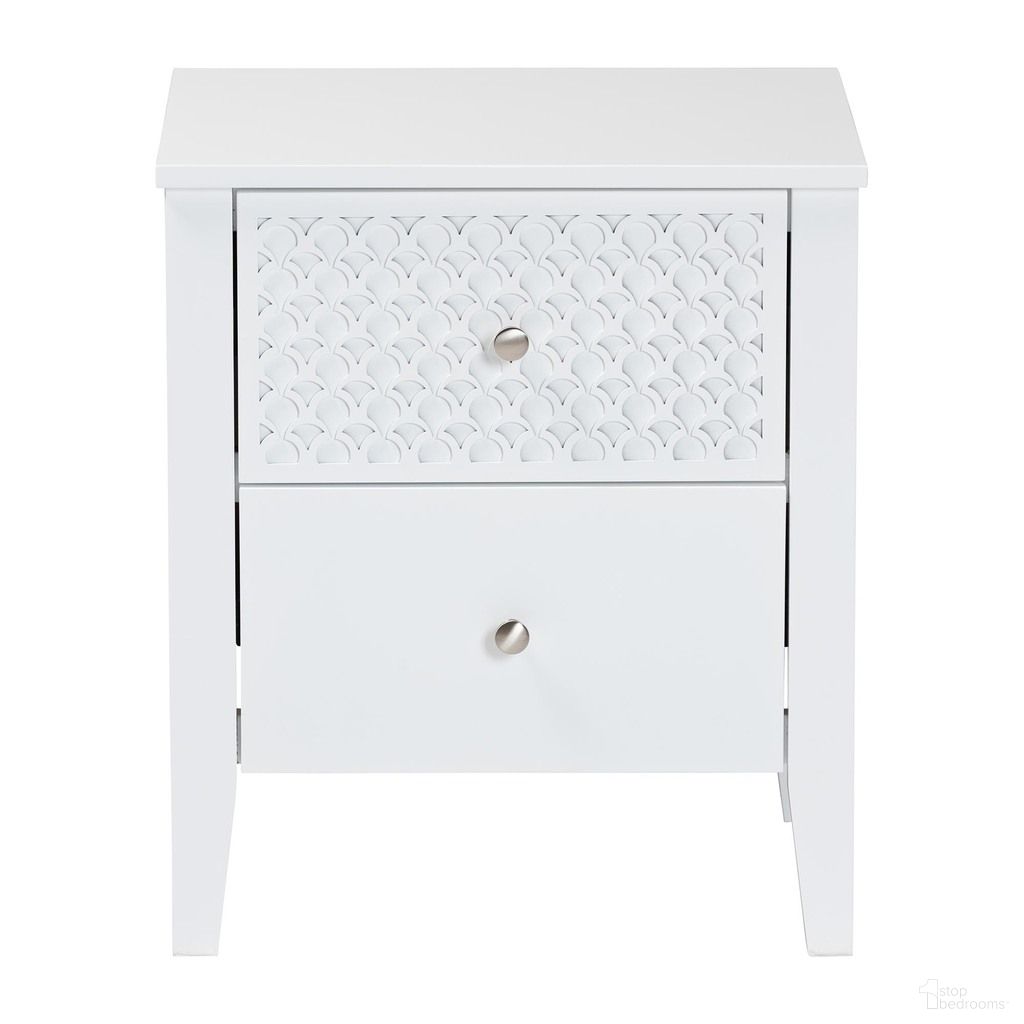 The appearance of Lara 2-Drawer Nightstand with Laser-Cut Geometric Overlay In White designed by Baxton Studio in the modern / contemporary interior design. This white piece of furniture was selected by 1StopBedrooms from Lara Collection to add a touch of cosiness and style into your home. Sku: Lara-White Solid-Nightstand. Material: Rubberwood.