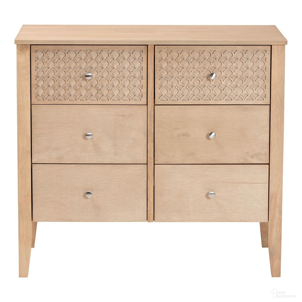 The appearance of Lara 6-Drawer Dresser with Laser-Cut Geometric Overlay In Oak Brown designed by Baxton Studio in the modern / contemporary interior design. This oak brown piece of furniture was selected by 1StopBedrooms from Lara Collection to add a touch of cosiness and style into your home. Sku: Lara-Natural Wood-Dresser. Material: Rubberwood.