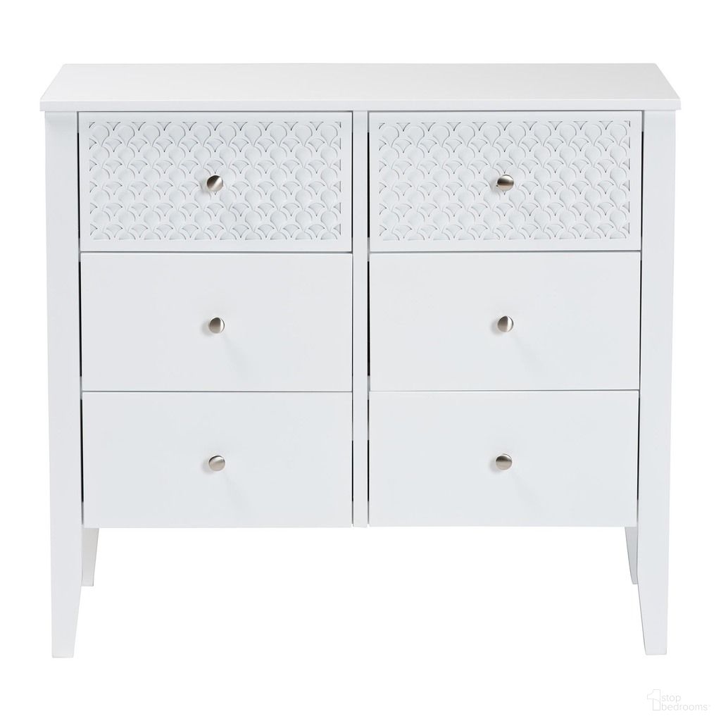 The appearance of Lara 6-Drawer Dresser with Laser-Cut Geometric Overlay In White designed by Baxton Studio in the modern / contemporary interior design. This white piece of furniture was selected by 1StopBedrooms from Lara Collection to add a touch of cosiness and style into your home. Sku: Lara-White Solid-Dresser. Material: Rubberwood.