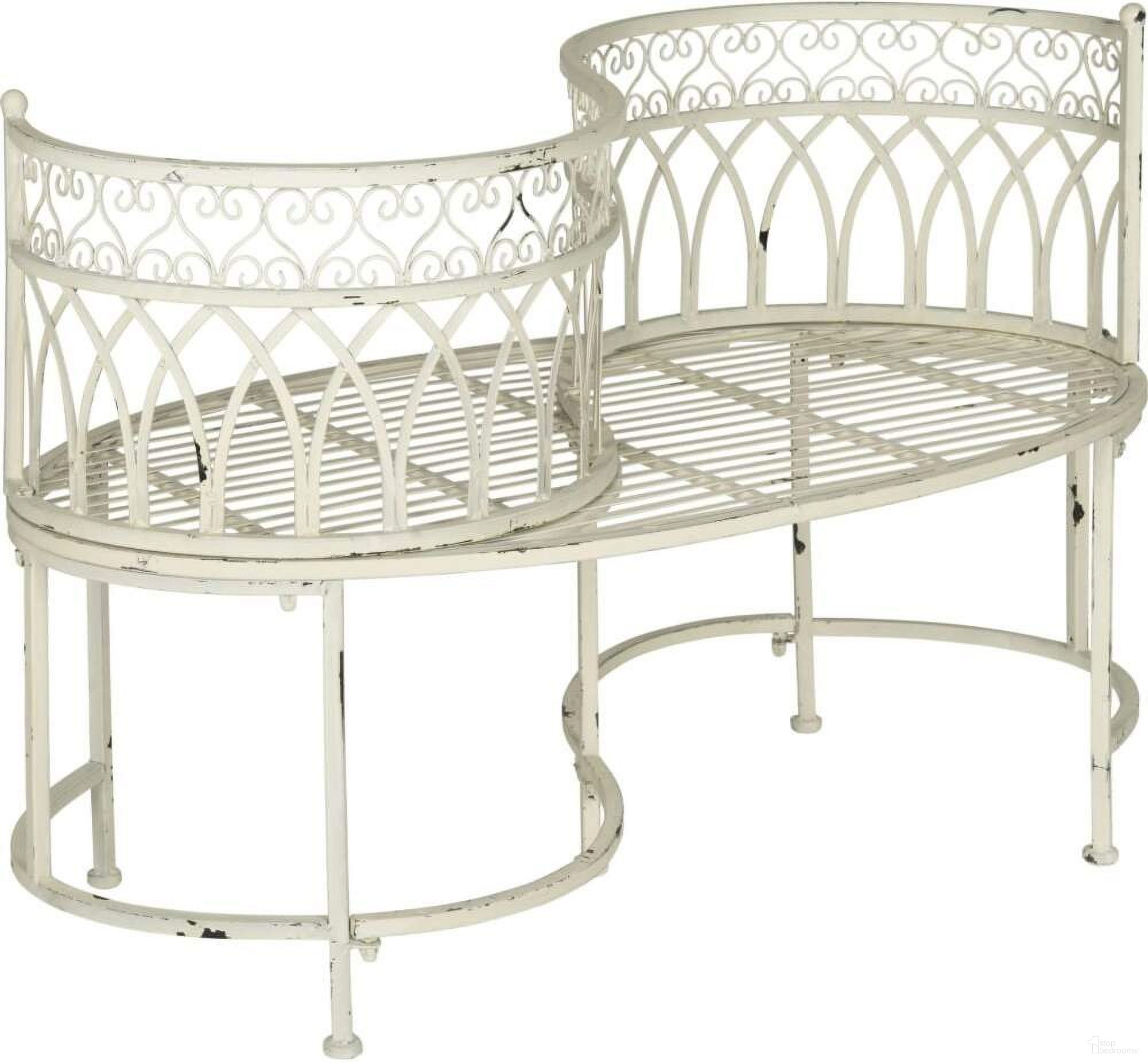 The appearance of Lara Antique White Kissing Bench designed by Safavieh in the rustic / southwestern interior design. This antique white piece of furniture was selected by 1StopBedrooms from Lara Collection to add a touch of cosiness and style into your home. Sku: PAT5005A. Material: Iron.