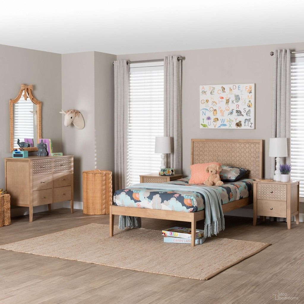 The appearance of Lara Modern Wood Twin 4-Piece Bedroom Set In Oak Brown designed by Baxton Studio in the modern / contemporary interior design. This oak brown piece of furniture was selected by 1StopBedrooms from Lara Collection to add a touch of cosiness and style into your home. Sku: Lara-Natural Wood-4PC Twin Bedroom Set. Bed Size: Twin. Material: MDF.