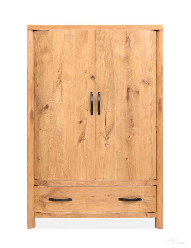 The appearance of Laramie Armoire In Honey Wheat designed by Magnussen in the transitional interior design. This honey wheat piece of furniture  was selected by 1StopBedrooms from Laramie Collection to add a touch of cosiness and style into your home. Sku: B6433-30. Material: Oak Veneer.