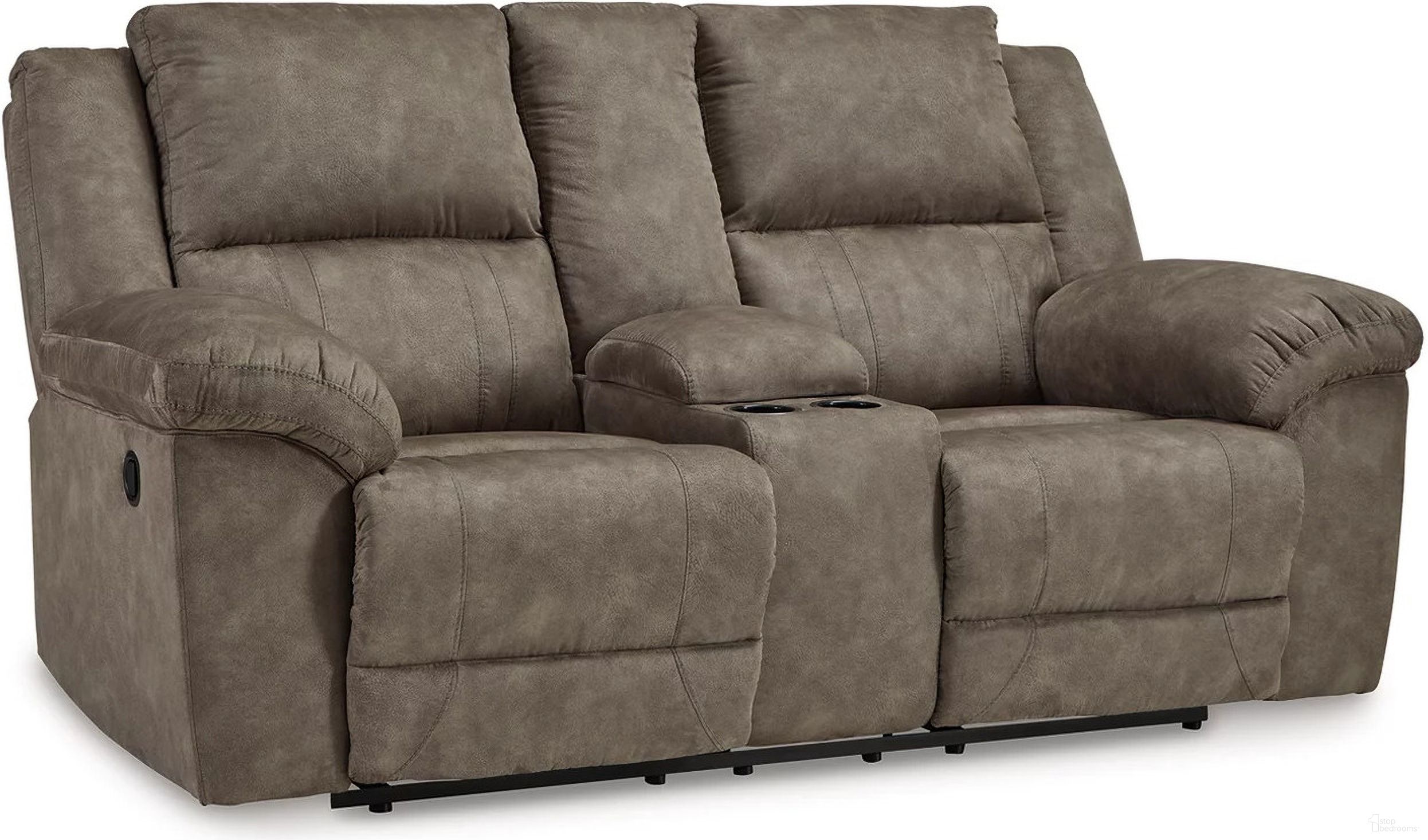 The appearance of Laresview Reclining Loveseat with Console In Fossil designed by Signature Design by Ashley in the modern / contemporary interior design. This fossil piece of furniture was selected by 1StopBedrooms from Laresview Collection to add a touch of cosiness and style into your home. Sku: 3720394. Material: Faux Leather.