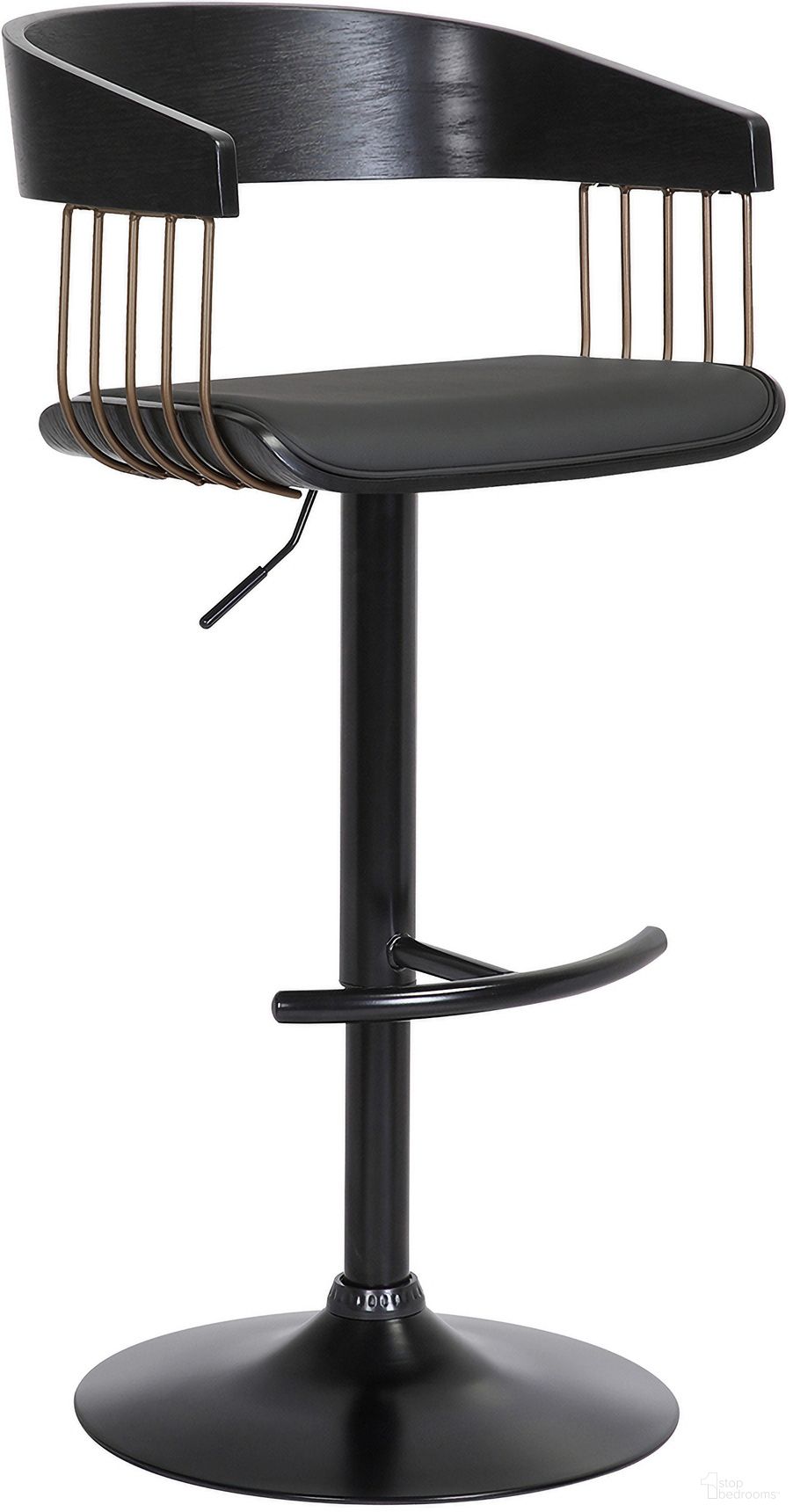 The appearance of Larisa Adjustable Black Wood Bar Stool In Black Faux Leather with Golden Bronze and Black Metal designed by Armen Living in the modern / contemporary interior design. This black piece of furniture was selected by 1StopBedrooms from Larisa Collection to add a touch of cosiness and style into your home. Sku: LCLABABLKBLK. Material: Faux Leather.