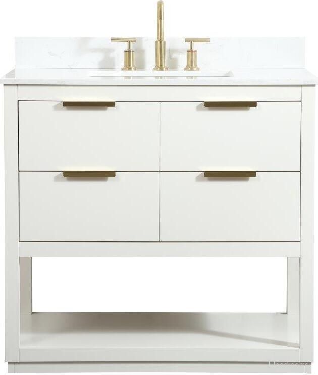 The appearance of Larkin 36 Inch Single Bathroom Vanity In White With Backsplash designed by Elegant Lighting in the transitional interior design. This white piece of furniture  was selected by 1StopBedrooms from Larkin Collection to add a touch of cosiness and style into your home. Sku: VF19236WH-BS. Material: Wood.
