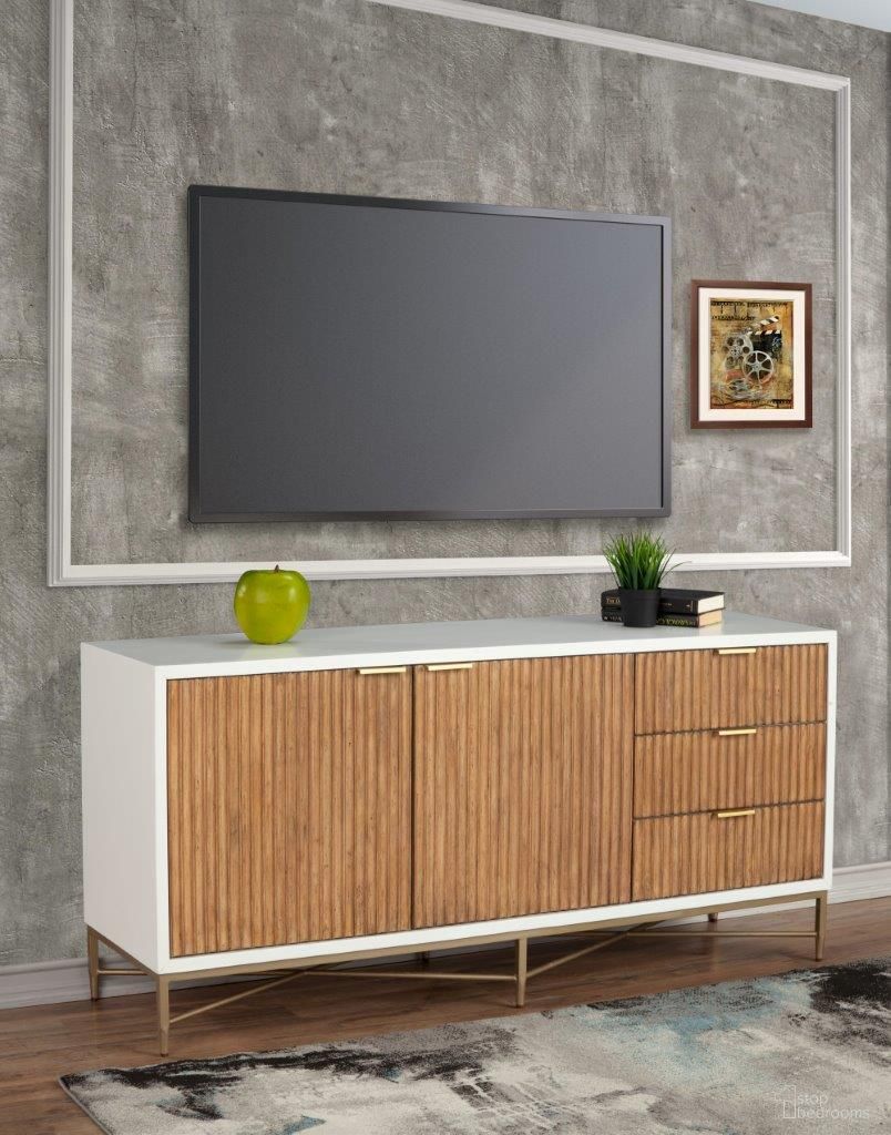 The appearance of Larsen Tv Console In White And Natural designed by Alpine in the modern / contemporary interior design. This white/natural piece of furniture was selected by 1StopBedrooms from Larsen Collection to add a touch of cosiness and style into your home. Sku: 7400-10. Material: Wood.