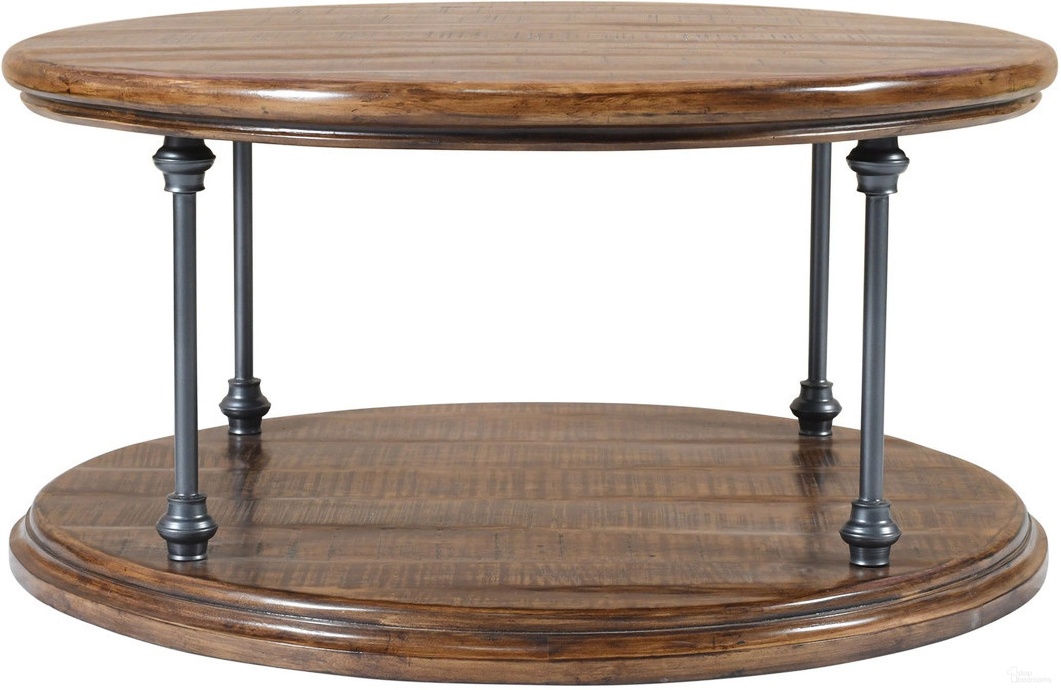 The appearance of Larson 36 Inch Round Solid Wood Coffee Table with Shelf In Distressed Brown designed by Jofran in the industrial interior design. This distressed brown piece of furniture  was selected by 1StopBedrooms from Larson Collection to add a touch of cosiness and style into your home. Sku: 2222-2. Material: Iron.
