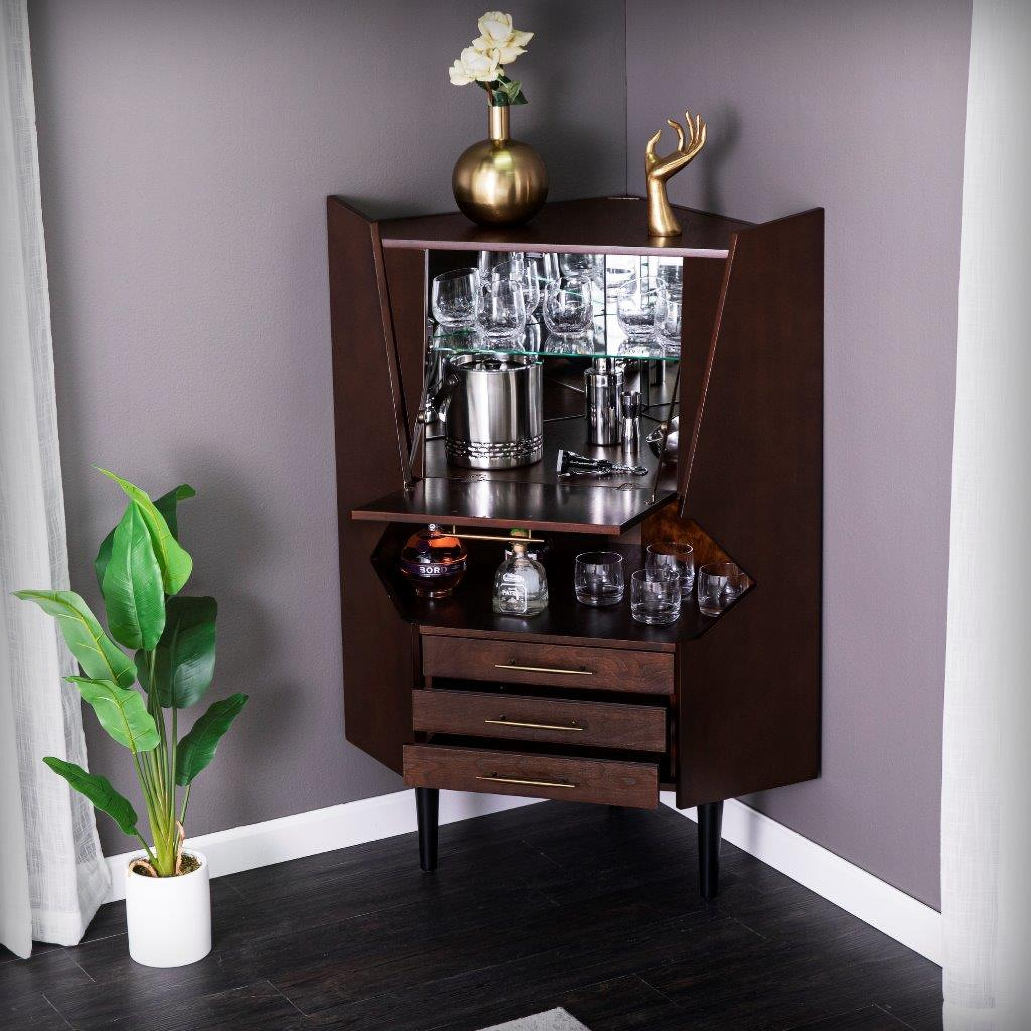Larson Corner Midcentury Modern Bar Cabinet In Dark Tobacco
