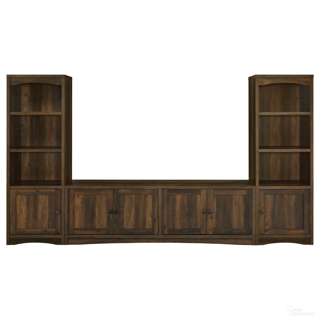 The appearance of Laughlin 3-piece Entertainment Center TV Stand In Dark Pine designed by Coaster in the transitional interior design. This dark pine piece of furniture was selected by 1StopBedrooms from Laughlin Collection to add a touch of cosiness and style into your home. Sku: 724123;724124;724124. Material: MDF.