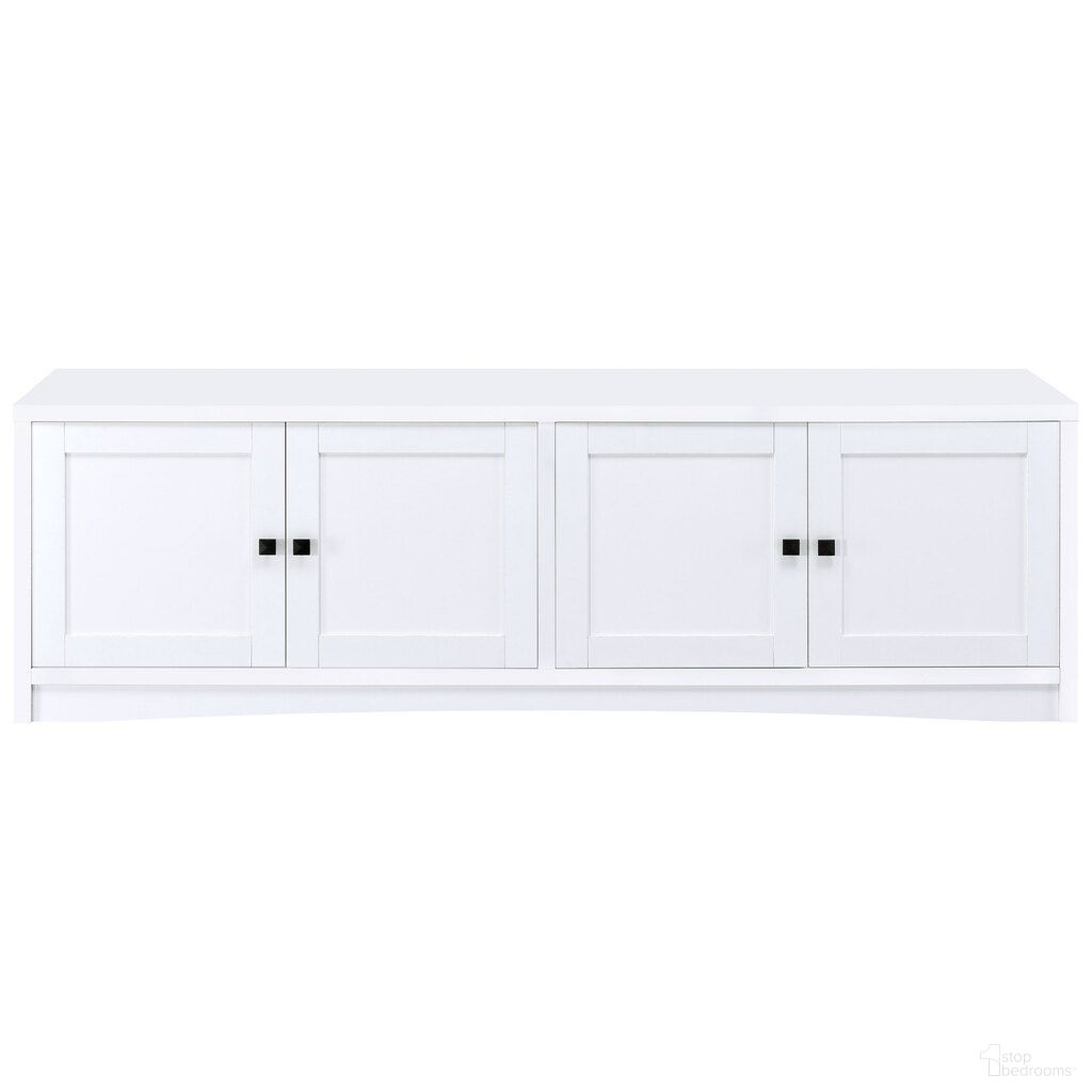 The appearance of Laughlin 4-Door Engineered Wood 78 Inch TV Stand In White designed by Coaster in the transitional interior design. This white piece of furniture was selected by 1StopBedrooms from Laughlin Collection to add a touch of cosiness and style into your home. Sku: 724113. Material: MDF.