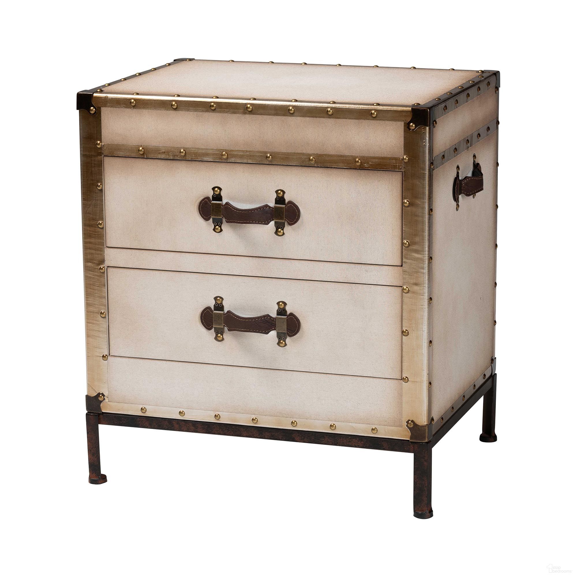 The appearance of Laura Canvas 2-Drawer End Table Trunk In White designed by Baxton Studio in the rustic / southwestern interior design. This white piece of furniture  was selected by 1StopBedrooms from Laura Collection to add a touch of cosiness and style into your home. Sku: JY23B236-Laura-White Trunk-ET. Material: MDF.