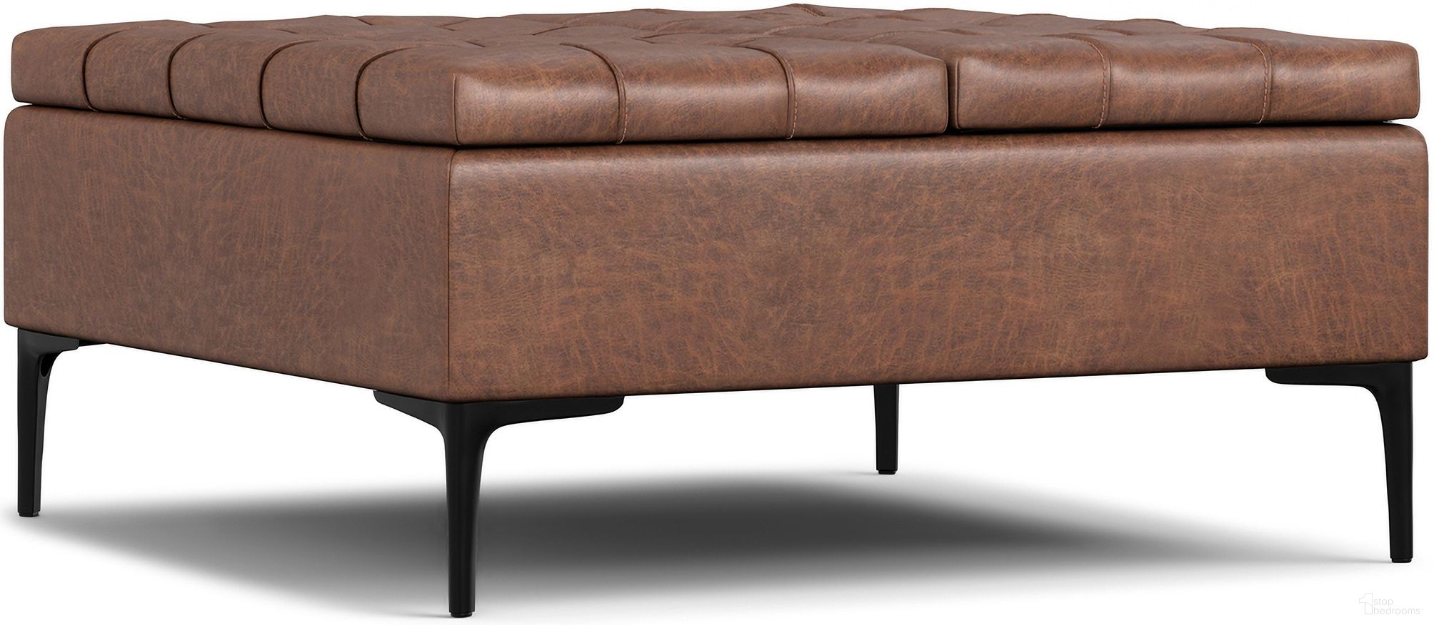 The appearance of Laura Vegan Faux Leather Lift Top Storage Ottoman In Distressed Saddle Brown designed by Simpli Home in the transitional interior design. This distressed saddle brown piece of furniture was selected by 1StopBedrooms from Laura Collection to add a touch of cosiness and style into your home. Sku: AXCOT-LAULT-DSB. Material: Faux Leather.