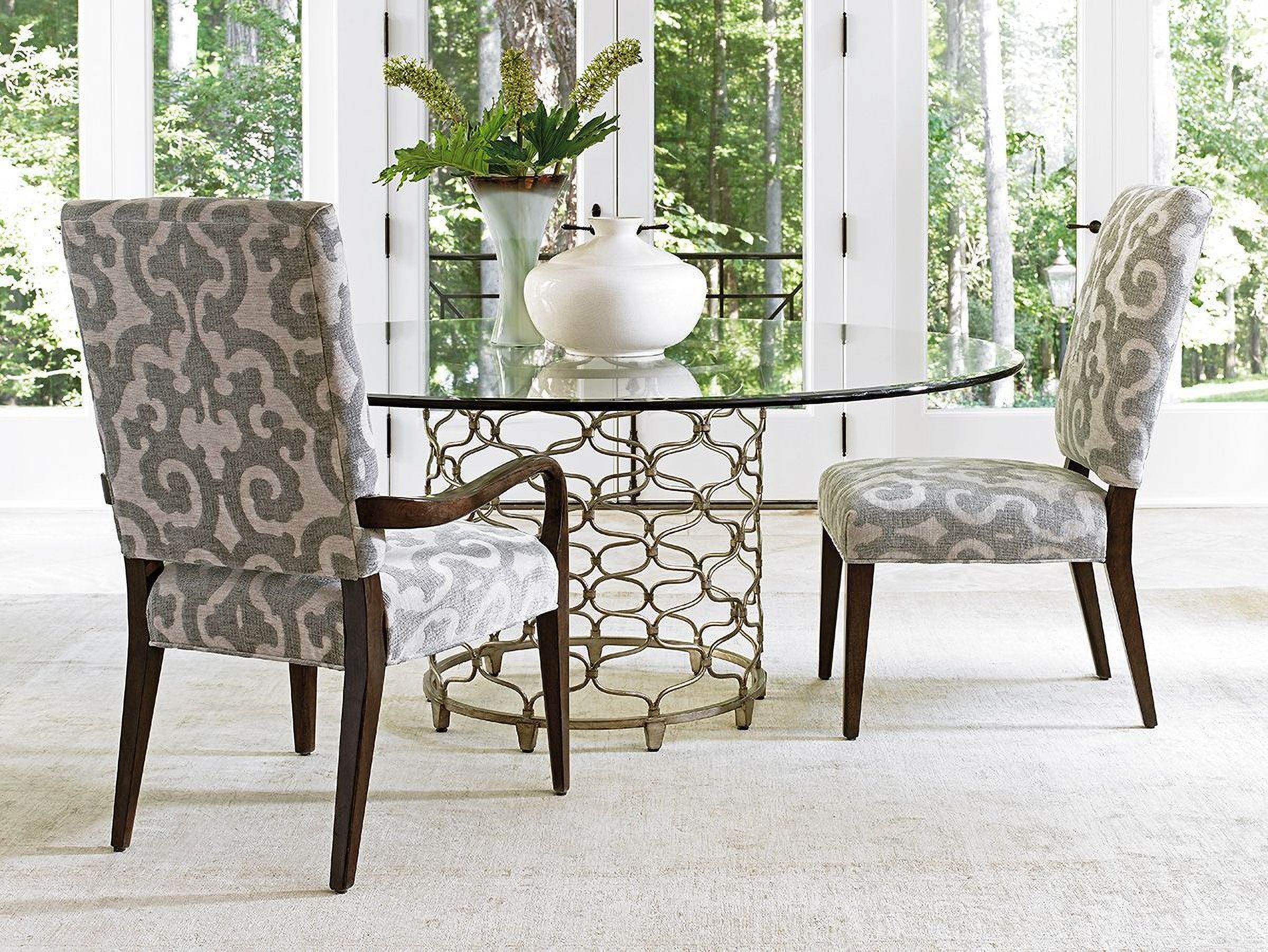 The appearance of Laurel Canyon Carrillo Bollinger Glass Top 60 Inch Round Dining Room Set designed by Lexington in the modern / contemporary interior design. This carrillo piece of furniture was selected by 1StopBedrooms from Laurel Canyon Collection to add a touch of cosiness and style into your home. Sku: 721-875-60C;721-880-01. Table Base Style: Pedestal. Table Top Shape: Round. Material: Wood. Size: 60".