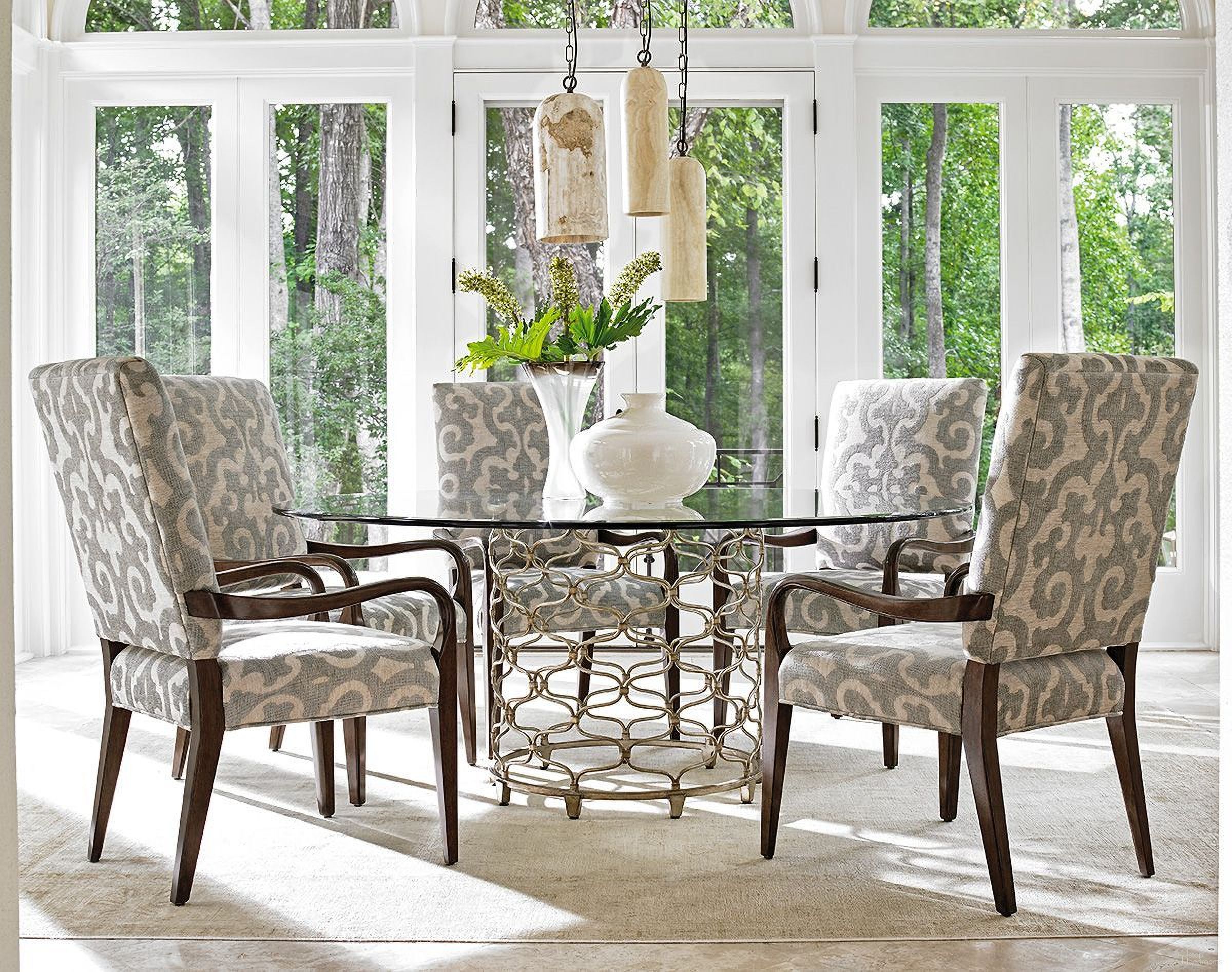 The appearance of Laurel Canyon Carrillo Bollinger Glass Top 72 Inch Round Dining Room Set designed by Lexington in the modern / contemporary interior design. This carrillo piece of furniture  was selected by 1StopBedrooms from Laurel Canyon Collection to add a touch of cosiness and style into your home. Sku: 721-875-72C;721-880-01. Table Base Style: Pedestal. Table Top Shape: Round. Material: Wood. Size: 72".