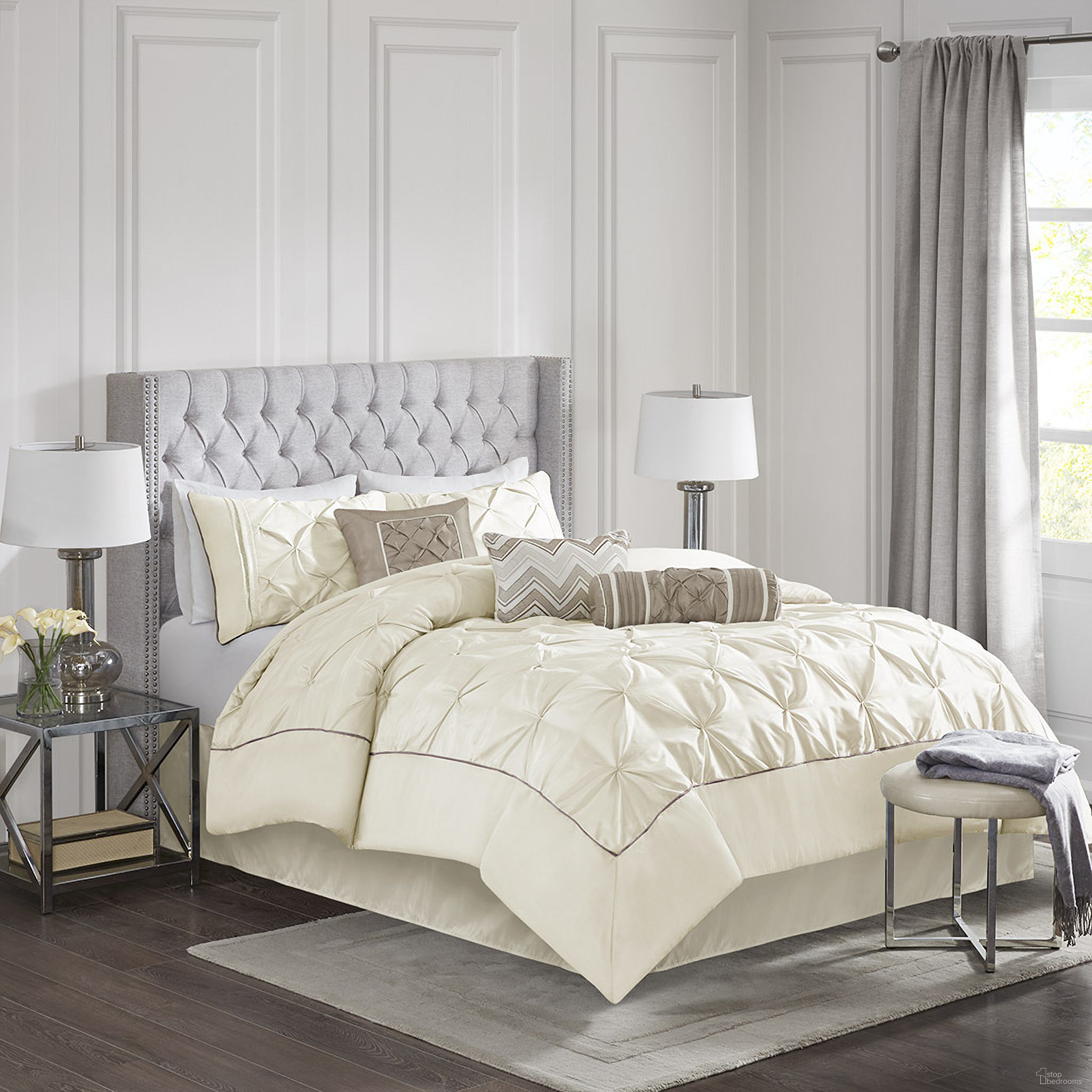Laurel Polyester Polyoni Pieced 7 Piece Full Comforter Set with Pleats In Ivory