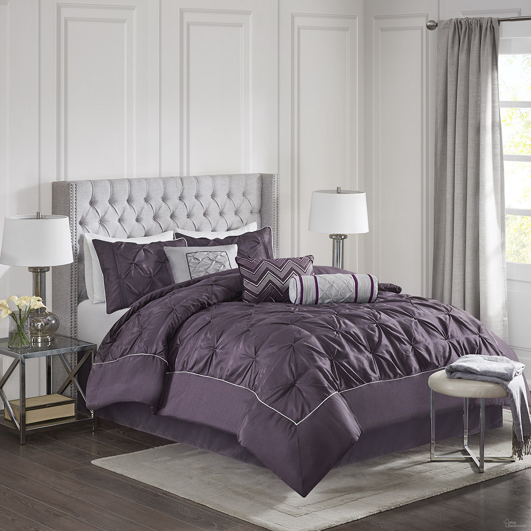 Laurel Polyester Polyoni Pieced 7 Piece King Comforter Set with Pleats In Plum