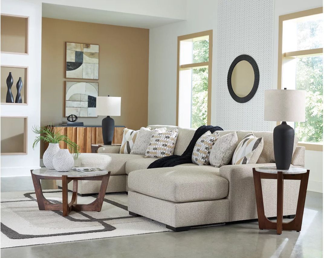 The appearance of Laurelgrove 3-Piece Double Chaise Sectional In Pebble designed by Signature Design by Ashley in the modern / contemporary interior design. This pebble piece of furniture was selected by 1StopBedrooms from Laurelgrove Collection to add a touch of cosiness and style into your home. Sku: 7510516;7510517;7510534. Material: Polyester.