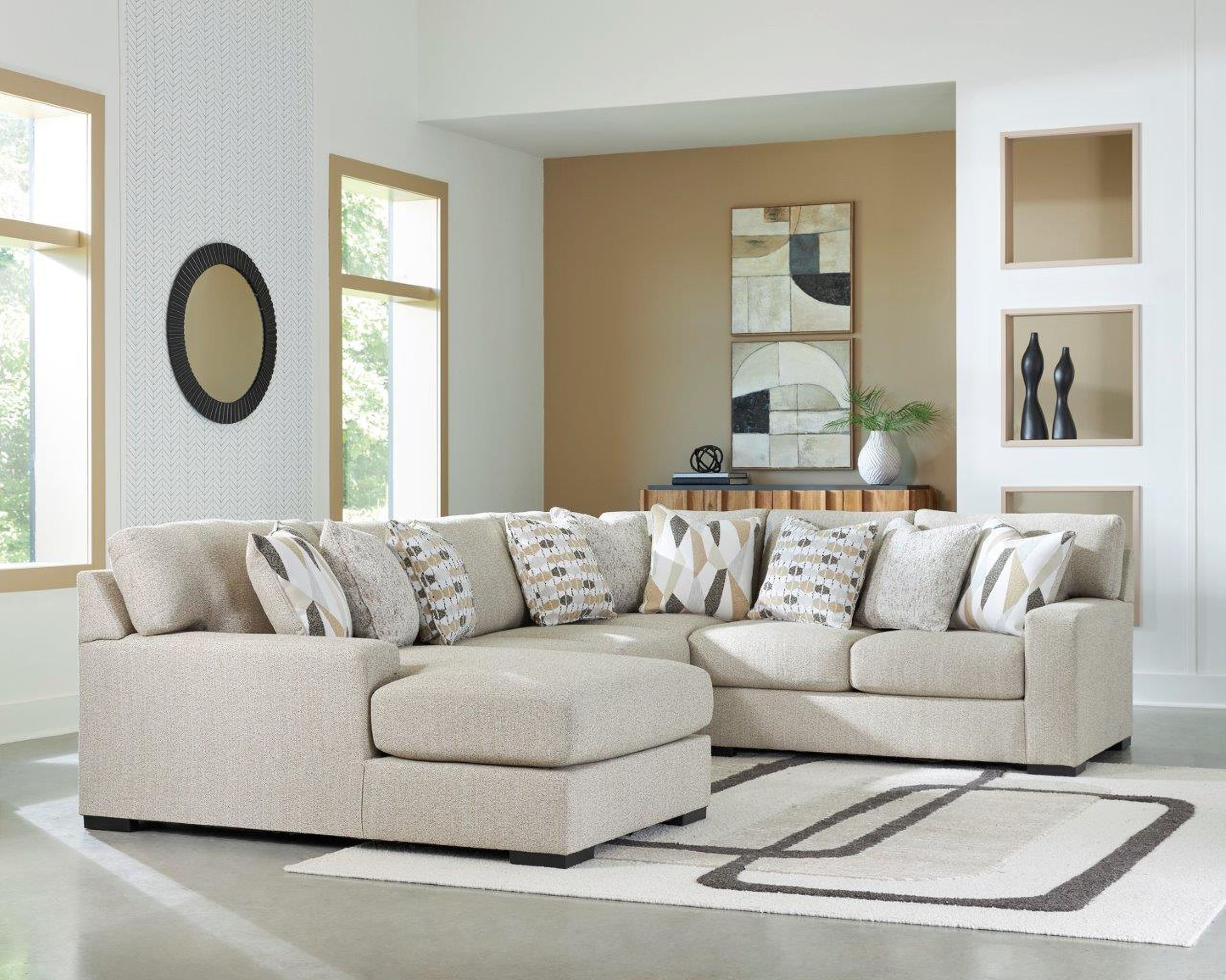 The appearance of Laurelgrove 4-Piece Sectional with LAF Chaise In Pebble designed by Signature Design by Ashley in the modern / contemporary interior design. This pebble piece of furniture was selected by 1StopBedrooms from Laurelgrove Collection to add a touch of cosiness and style into your home. Sku: 7510516;7510534;7510556;7510577. Material: Polyester. Orientation: LAF.