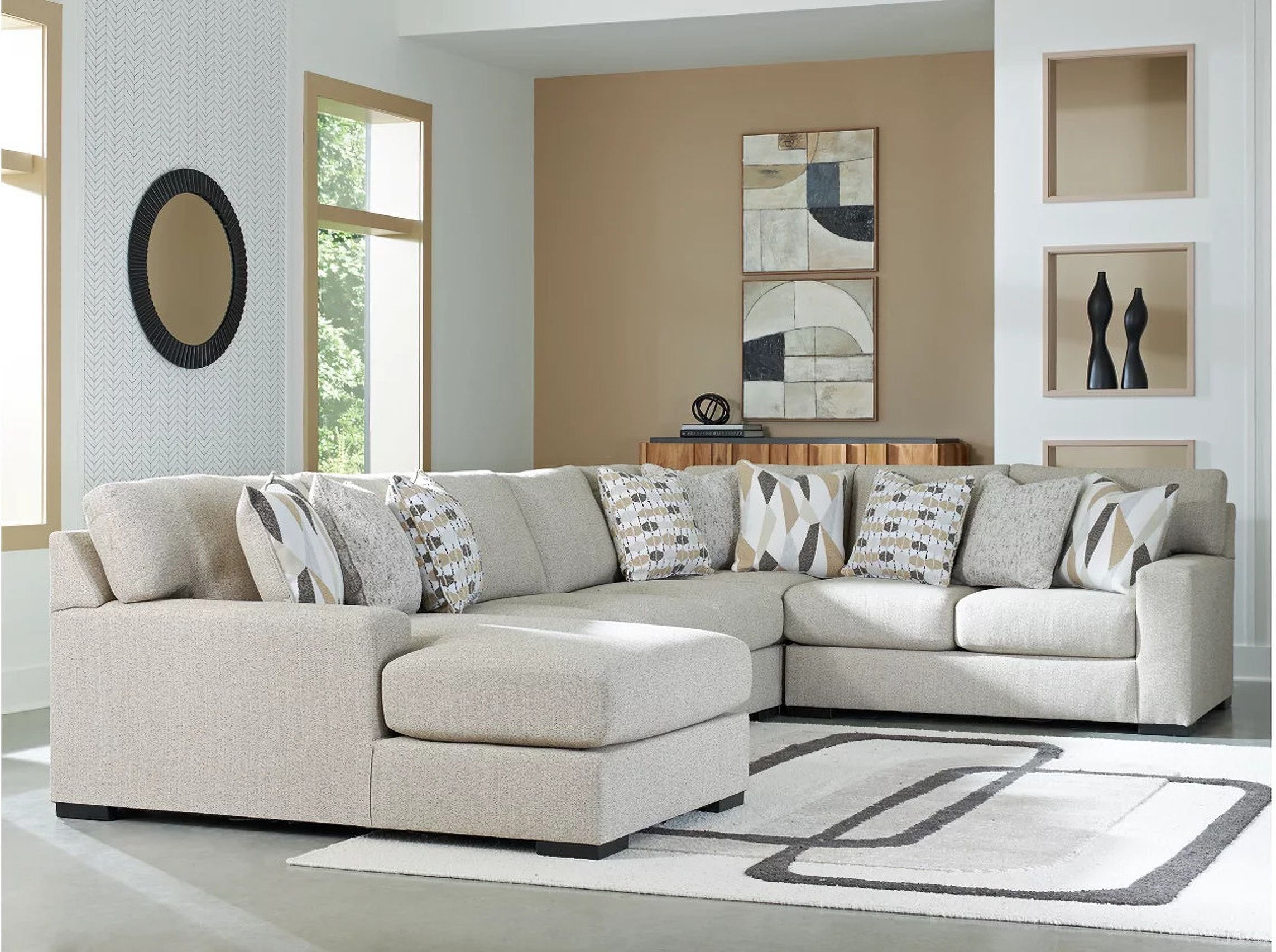 The appearance of Laurelgrove 5-Piece Sectional with LAF Chaise In Pebble designed by Signature Design by Ashley in the modern / contemporary interior design. This pebble piece of furniture  was selected by 1StopBedrooms from Laurelgrove Collection to add a touch of cosiness and style into your home. Sku: 7510516;7510534;7510546;7510556;7510577. Material: Polyester. Orientation: LAF.