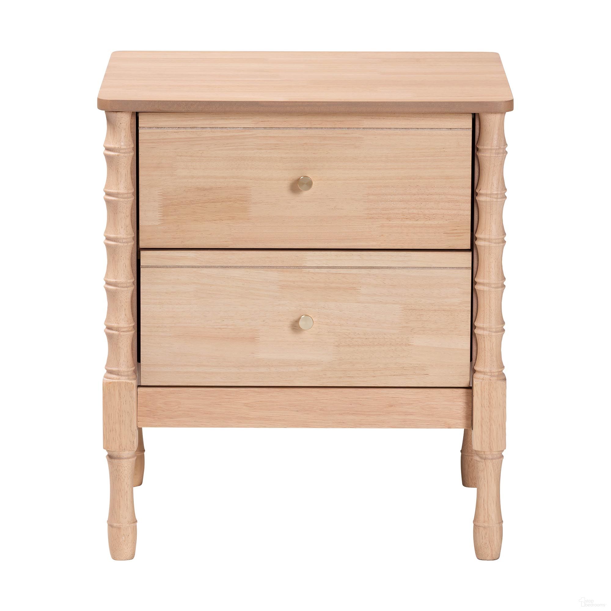The appearance of Laurent 2-Drawer Nightstand with Turned Legs In Beech Brown designed by Baxton Studio in the transitional interior design. This beech brown piece of furniture  was selected by 1StopBedrooms from Laurent Collection to add a touch of cosiness and style into your home. Sku: MG9017-Beech-2DW-NS. Material: Solid Rubberwood.
