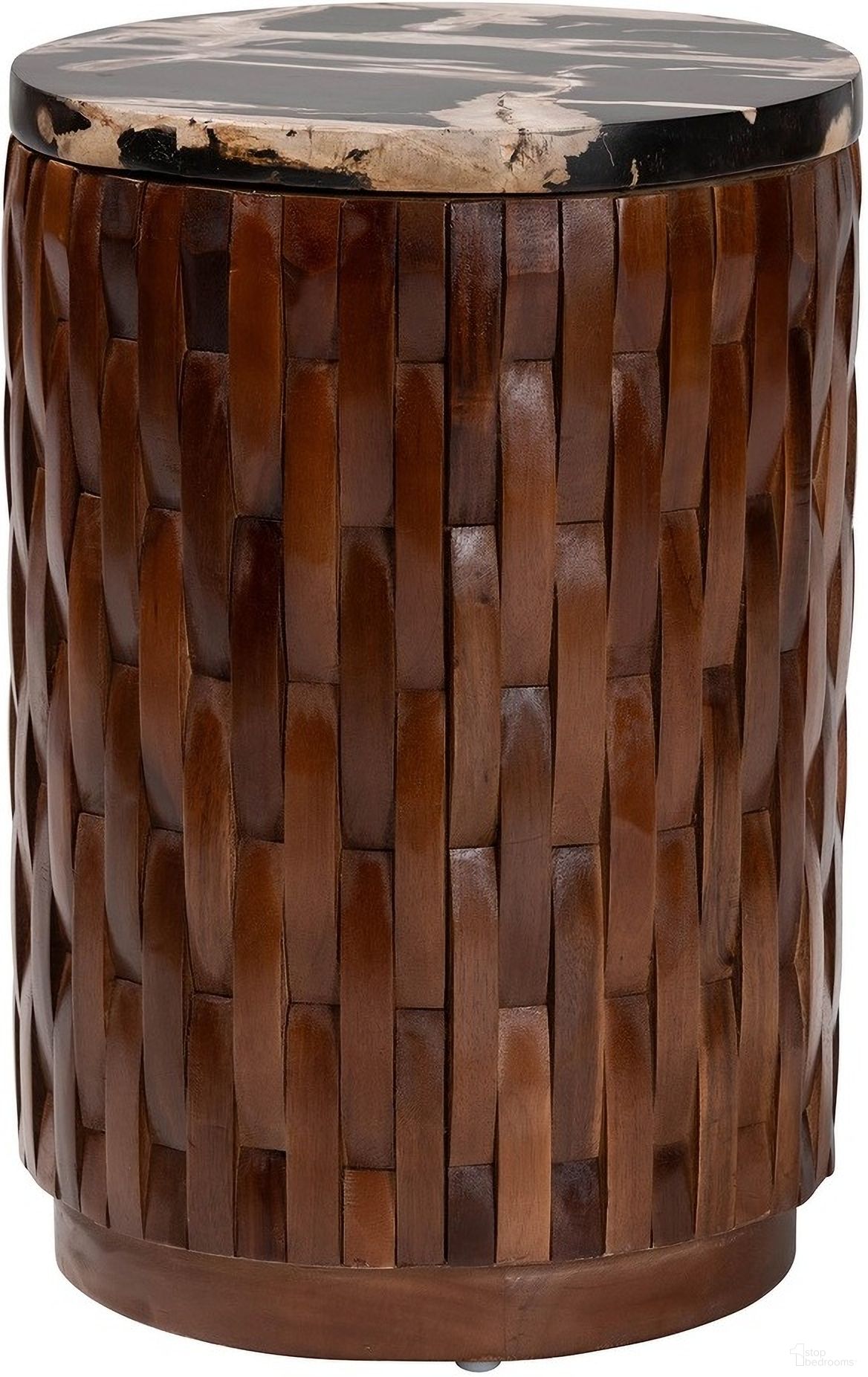 The appearance of Lavanya Petrified Wood Drum End Table In Black And Cream designed by Baxton Studio in the bohemian interior design. This black/cream/antique brown piece of furniture  was selected by 1StopBedrooms from Lavanya Collection to add a touch of cosiness and style into your home. Sku: J2820S-PW-16PCDT-Blk/Cream/Antique Wood-ET. Material: Petrified Wood.