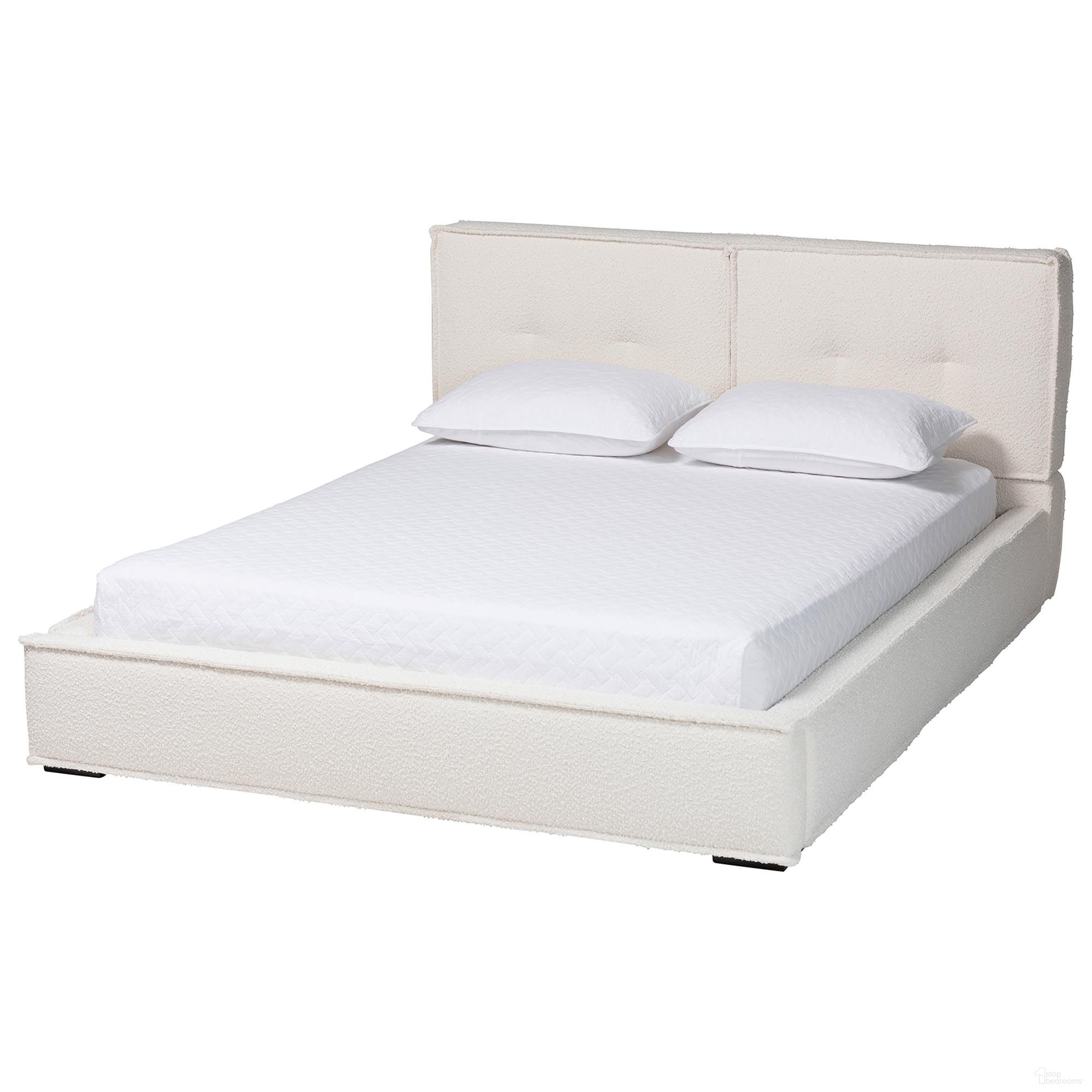 The appearance of Laverick Boucle Queen Platform Bed with Border Piping In Black and Cream designed by Baxton Studio in the modern / contemporary interior design. This black and cream piece of furniture  was selected by 1StopBedrooms from Laverick Collection to add a touch of cosiness and style into your home. Sku: BBT61214-Cream-Queen. Bed Type: Platform Bed. Material: Polyester. Bed Size: Queen.