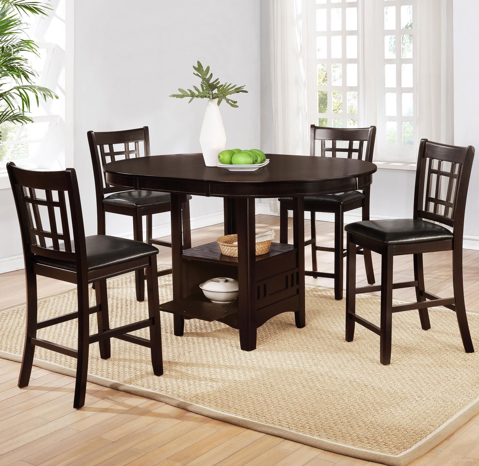 The appearance of Lavon Counter Height Dining Room Set In Black and Espresso designed by Coaster in the transitional interior design. This black and espresso piece of furniture was selected by 1StopBedrooms from Lavon Collection to add a touch of cosiness and style into your home. Sku: 102888;102889. Table Base Style: Legs. Table Top Shape: Oval. Material: Wood. Size: 42" x 60".