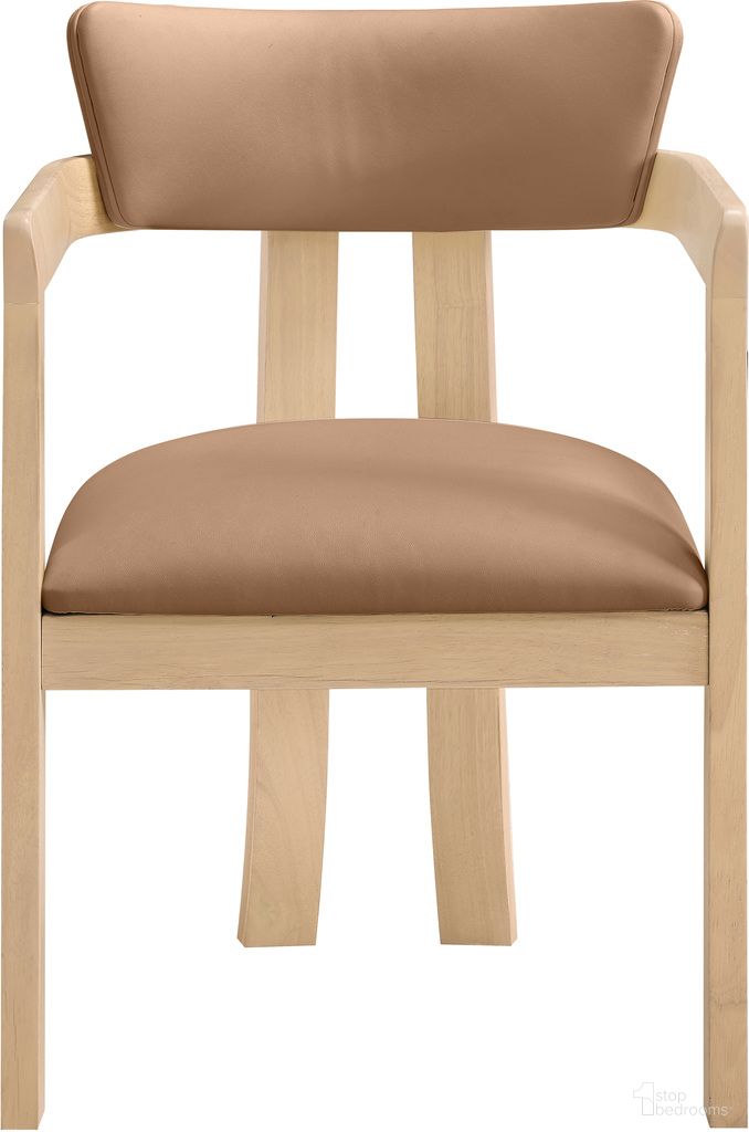 Lavrin Vegan Leather Upholstered Dining Arm Chair Set of 2 In Cognac and Stained Natural