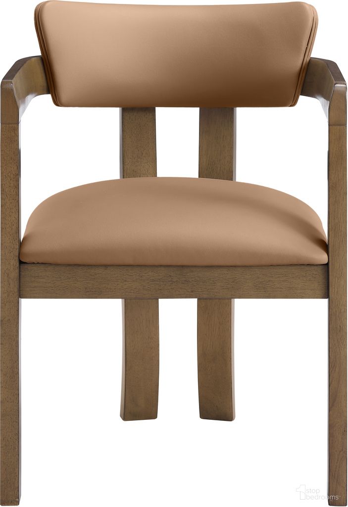 The appearance of Lavrin Vegan Leather Upholstered Dining Arm Chair Set of 2 In Cognac and Stained Walnut designed by Meridian in the modern / contemporary interior design. This cognac/stained walnut piece of furniture was selected by 1StopBedrooms from Lavrin Collection to add a touch of cosiness and style into your home. Sku: 88061Cognac-AC. Chair Type: Arm Chair. Material: Vegan Leather.